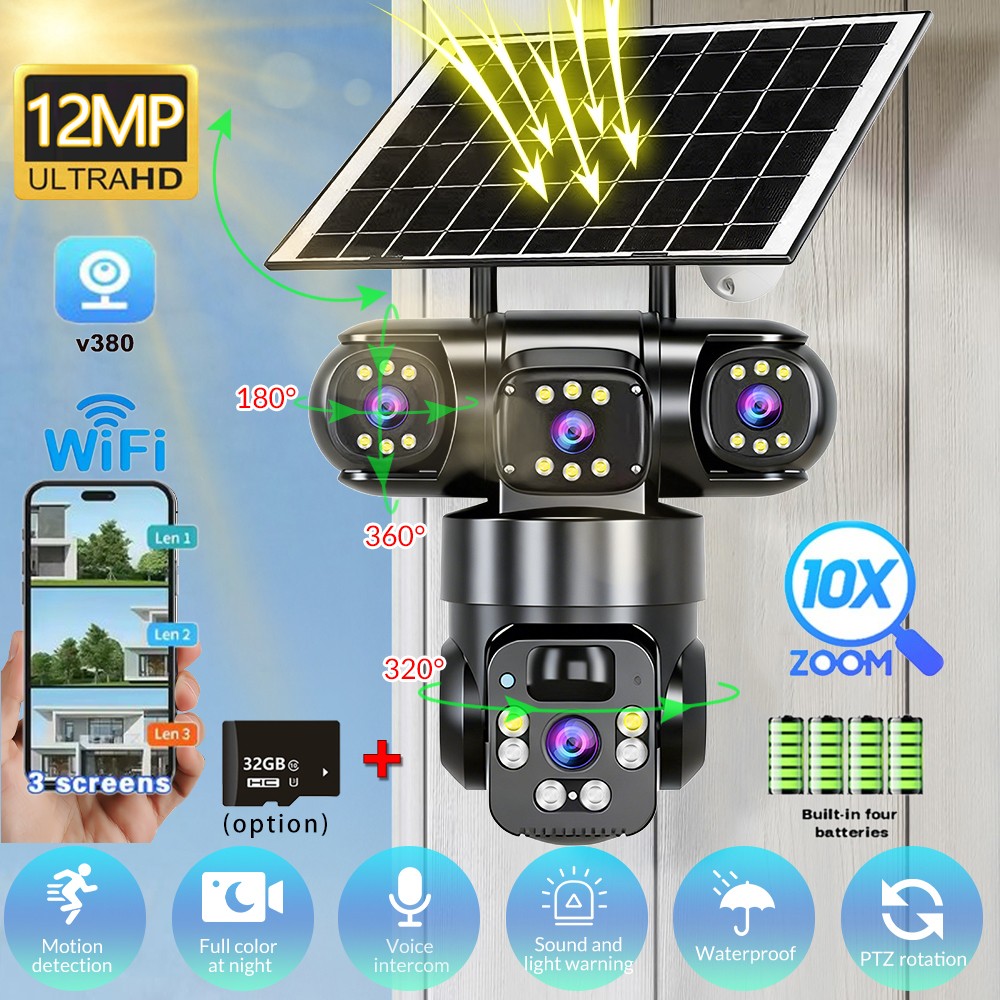 12MP HD 3-Lens Solar Security Camera Wireless WiFi Auto Tracking IP Surveillance
