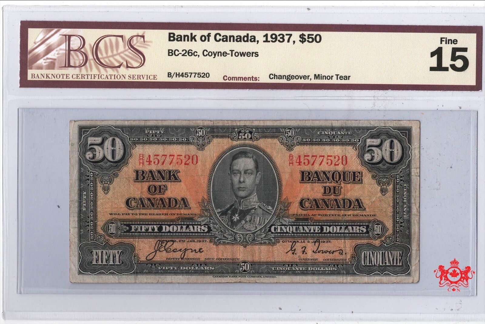 1937 Bank Of Canada 50$ Coyne/Tower B/H4577520 - BCS F15 -