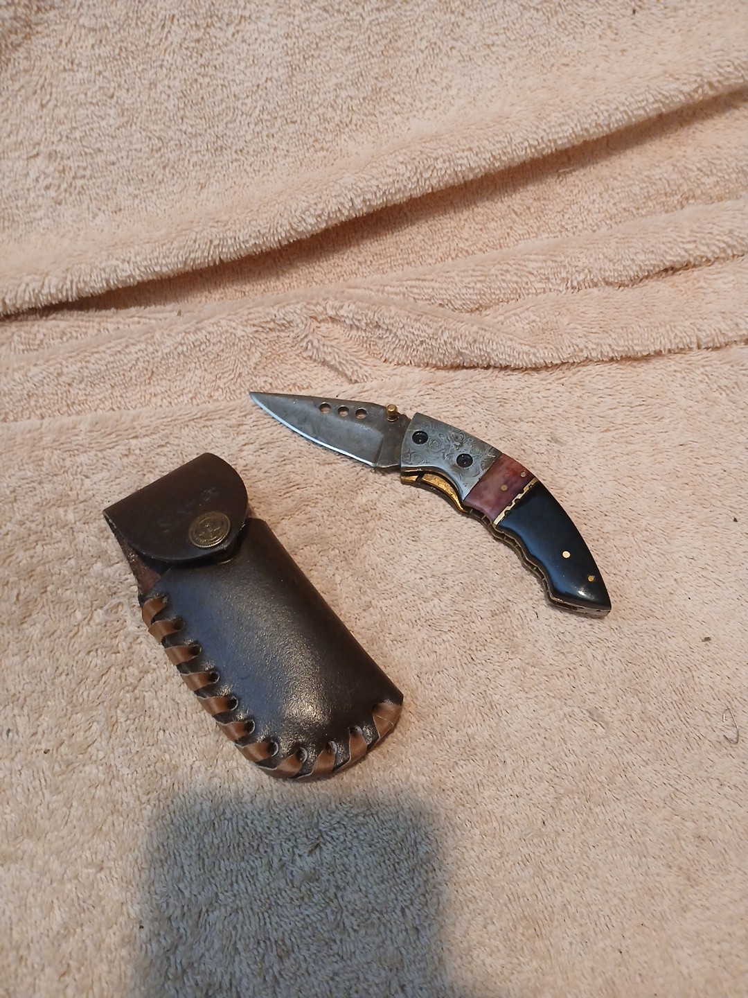 Vintage Stauer Damascus Curved Handle Folding Knife w/ Leather Case Pocketknife