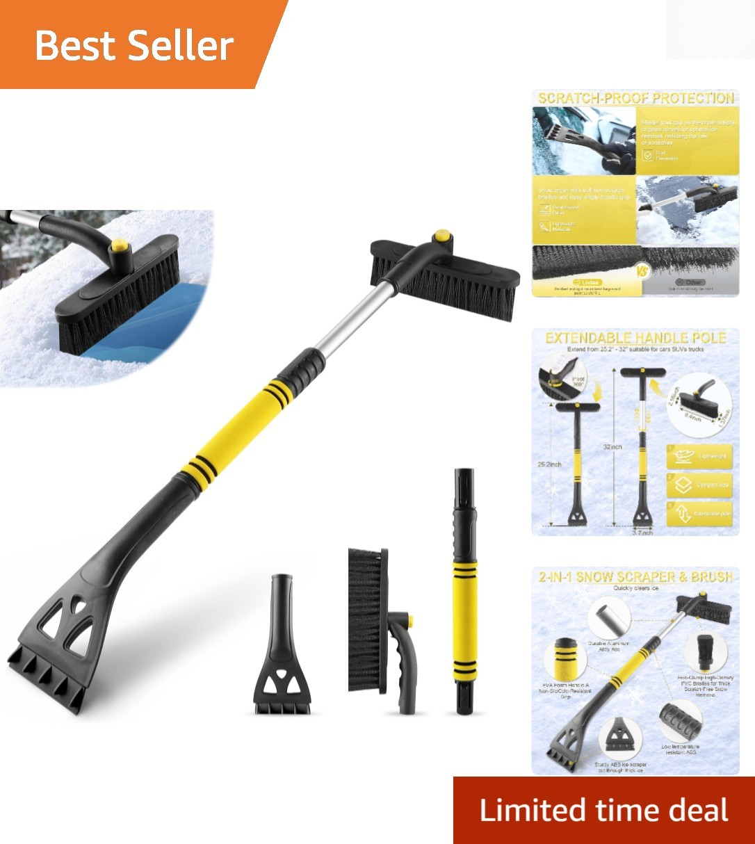 Heavy-Duty 32" Extendable Ice Scraper & Rotating Snow Brush for Winter Safety