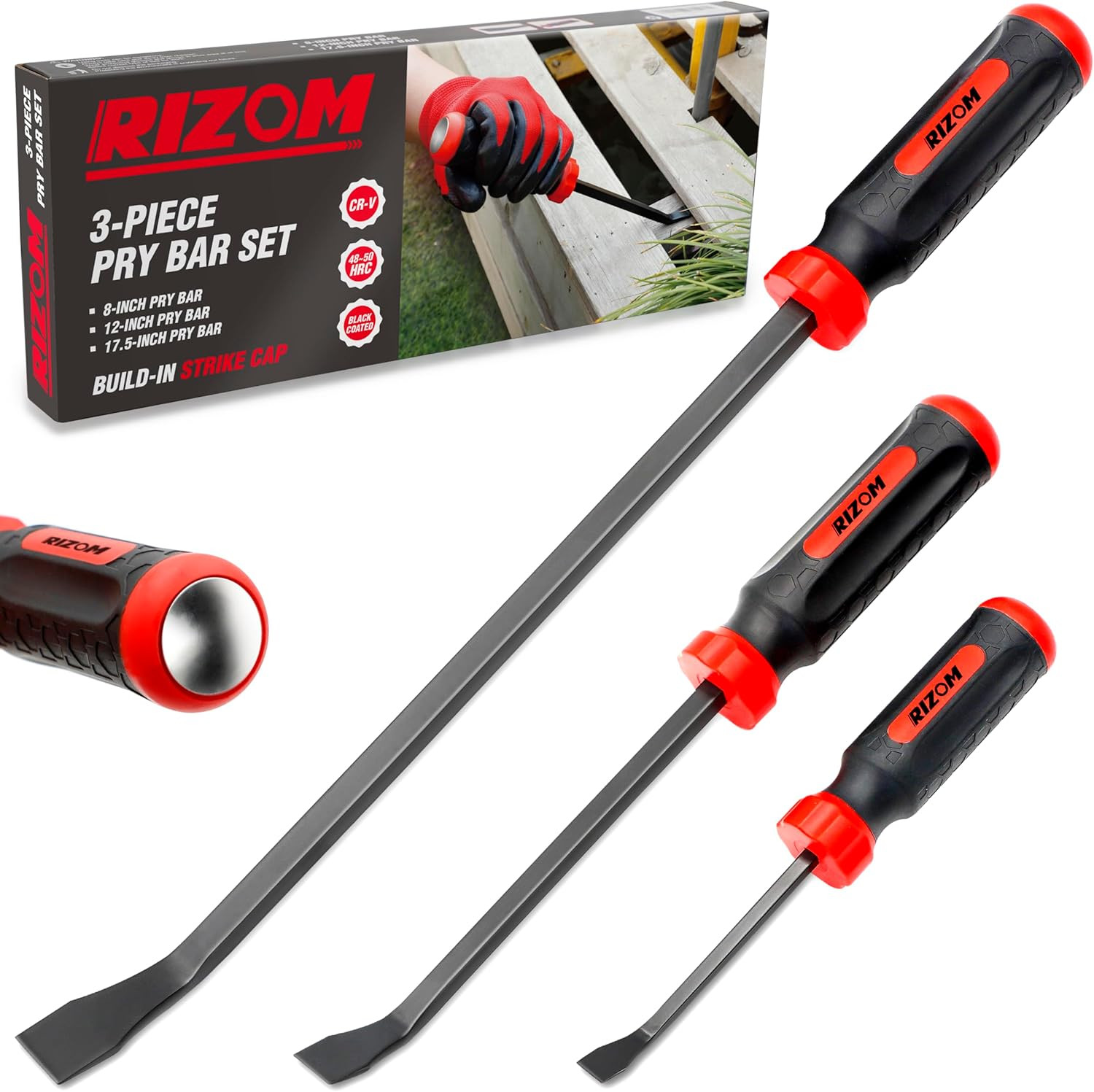 Pry Bar Set, 3-Piece Pry Bar with Strike Cap Handle, Angled Tip for Prying, Lift