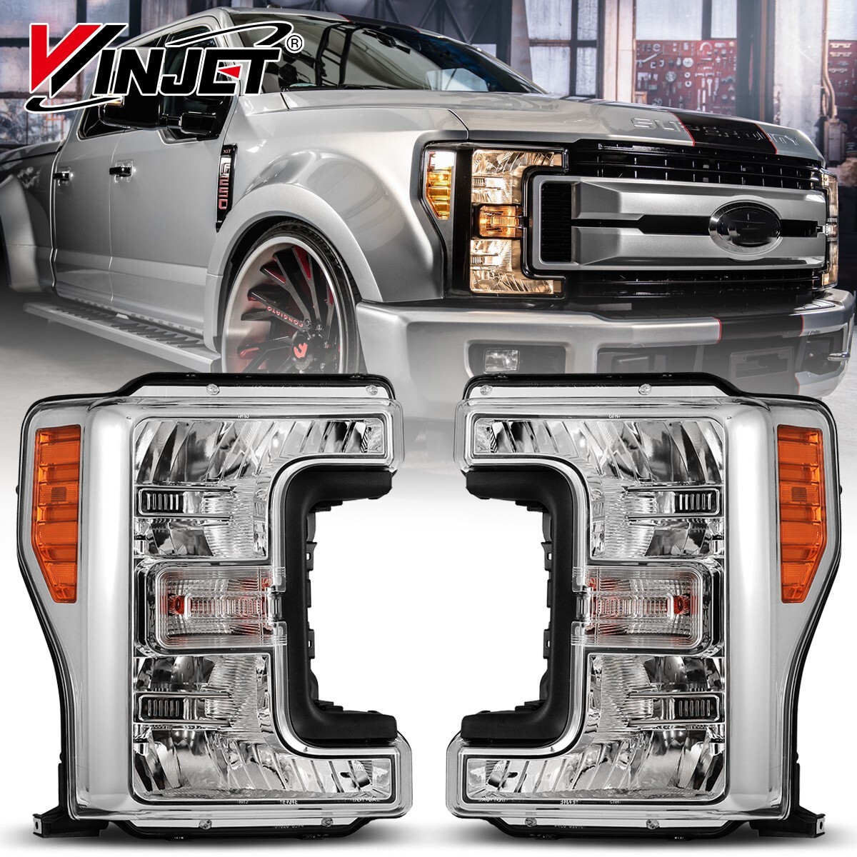 Chrome Headlights For 2017 2018 2019 Ford F-250 F-350 F-450 F-550 Super Duty L&R