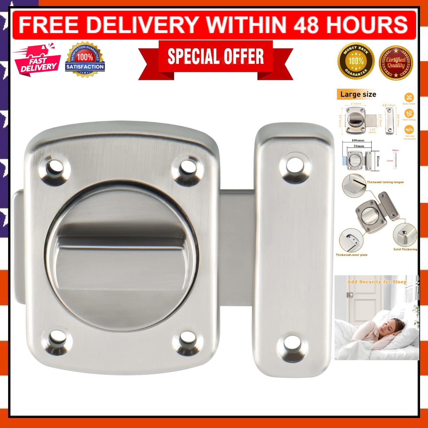Versatile Stainless Steel Gate Latch for Indoor/Outdoor Use - Large Size 78x65mm