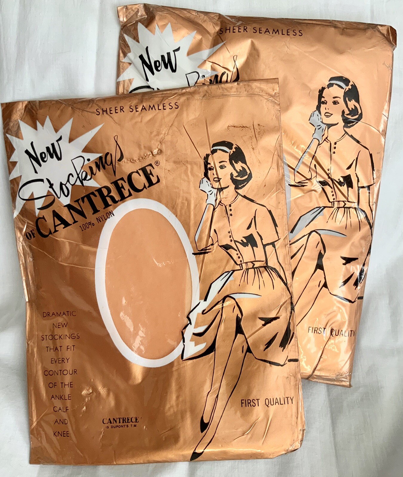 VTG 1964 Sheer Seamless New Stockings Of  CANTRECE  2 Pairs Sz 6 Thigh Highs