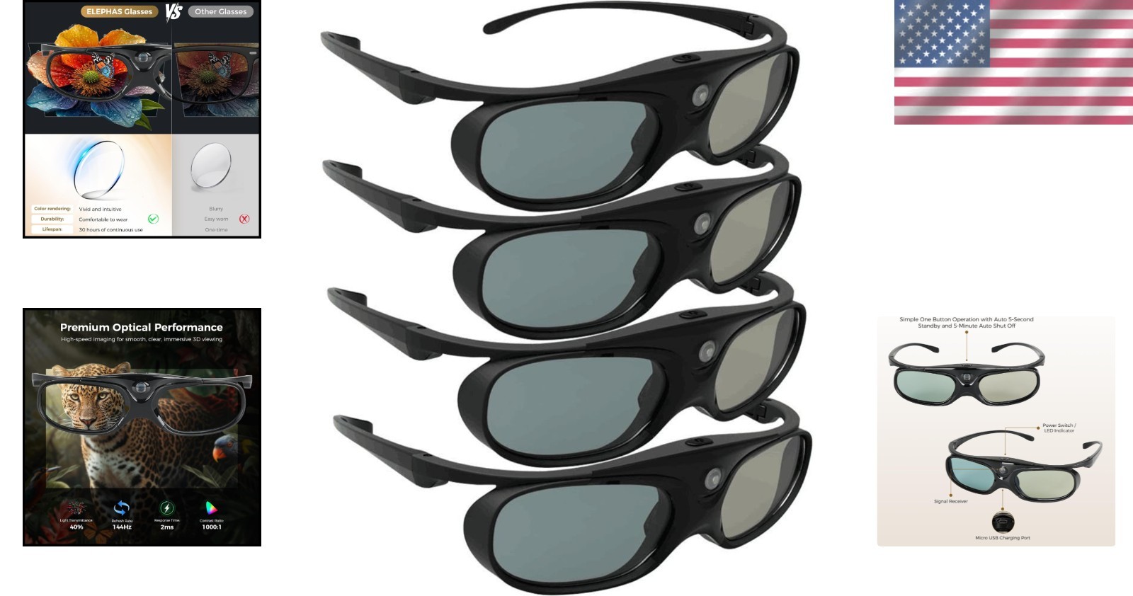 DLP Link 3D Glasses, 144Hz Active Shutter, 4 Pack