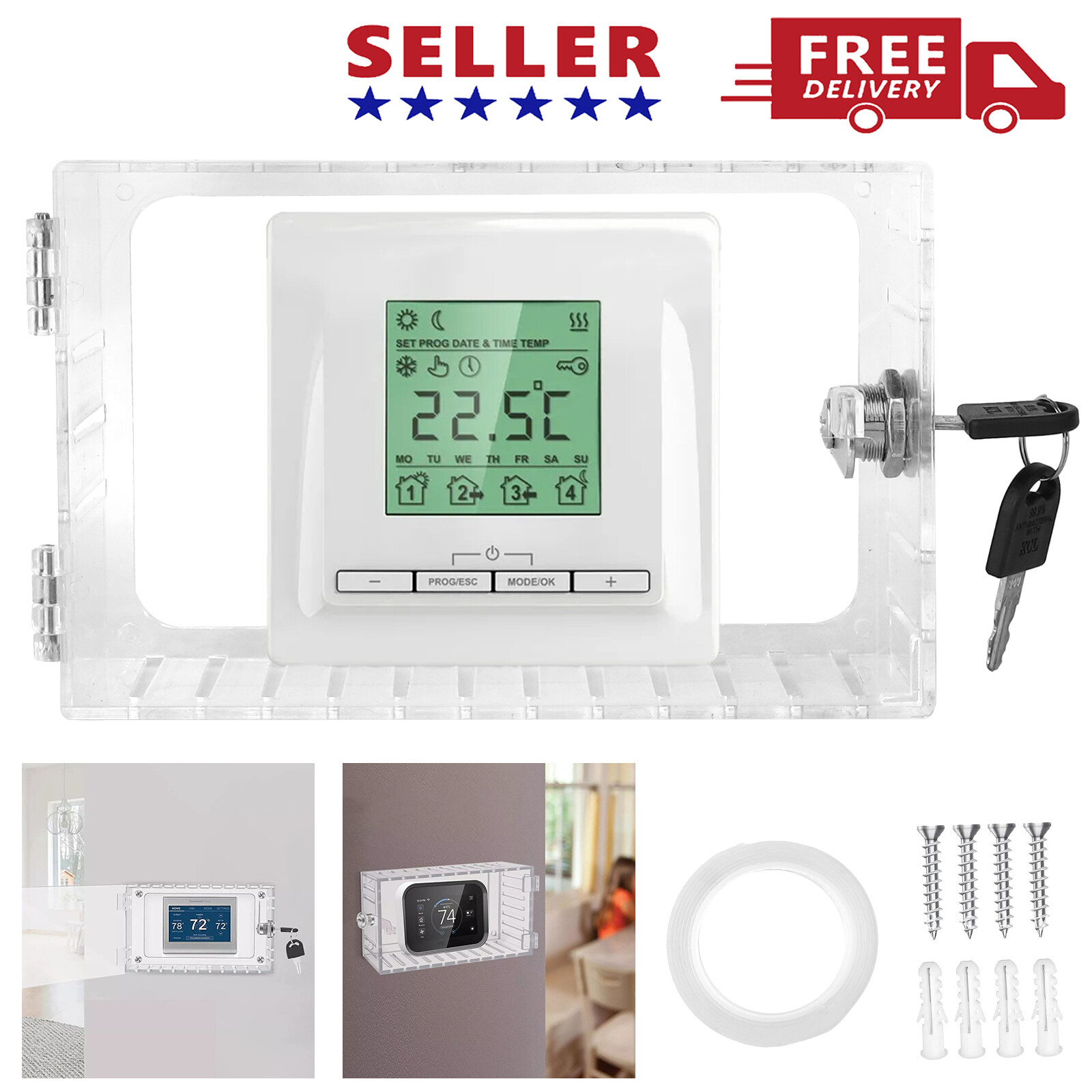 Large Thermostat Lock Box Cover with Key Clear Thermostat Cover w/ Lock On Wall