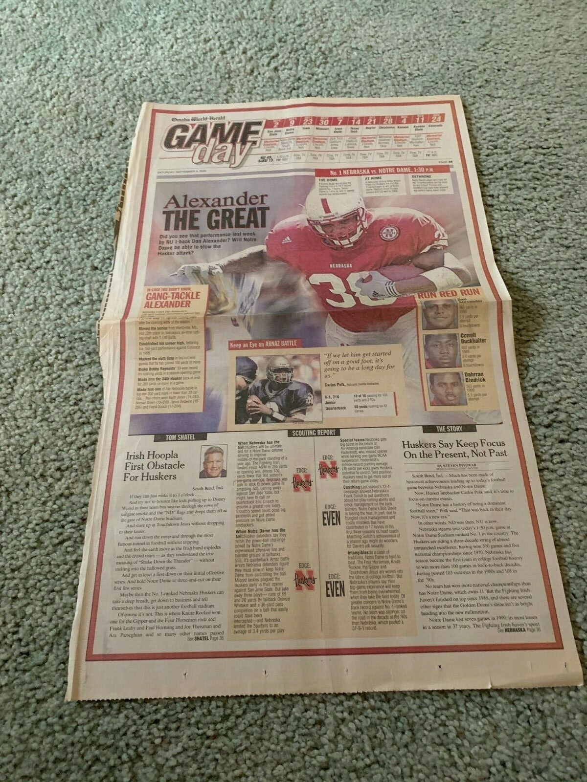 2000 Notre Dame v Nebraska Cornhuskers Football Newspaper Page Dan Alexander