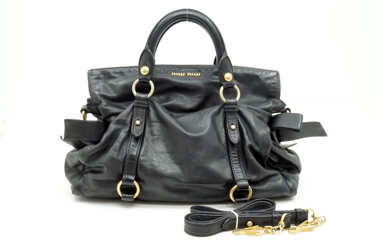 MIU MIU Vitello Lux Shoulder Handbag Tote Side Ribbon Shiny Leather Black 6146h