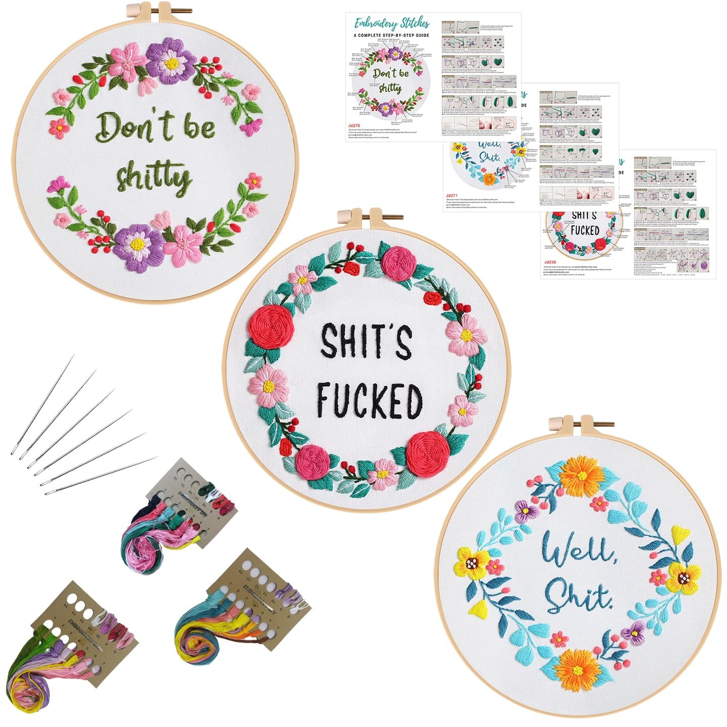 Louise Maelys 3 Sets Funny Embroidery Kits for 22 cm x 23 x 4 cm, kit-12