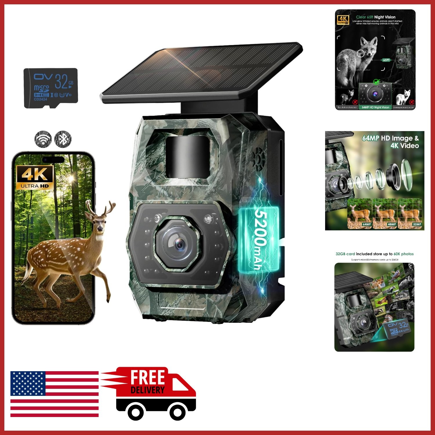 Rechargeable Solar Trail Camera with Night Vision and App Control for Wildlife