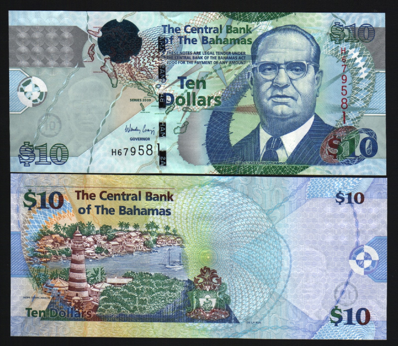 BAHAMAS 10 DOLLARS P-73A 2009 SANDS MAP SHIP LIGHTHOUSE UNC CARIBBEAN MONEY NOTE