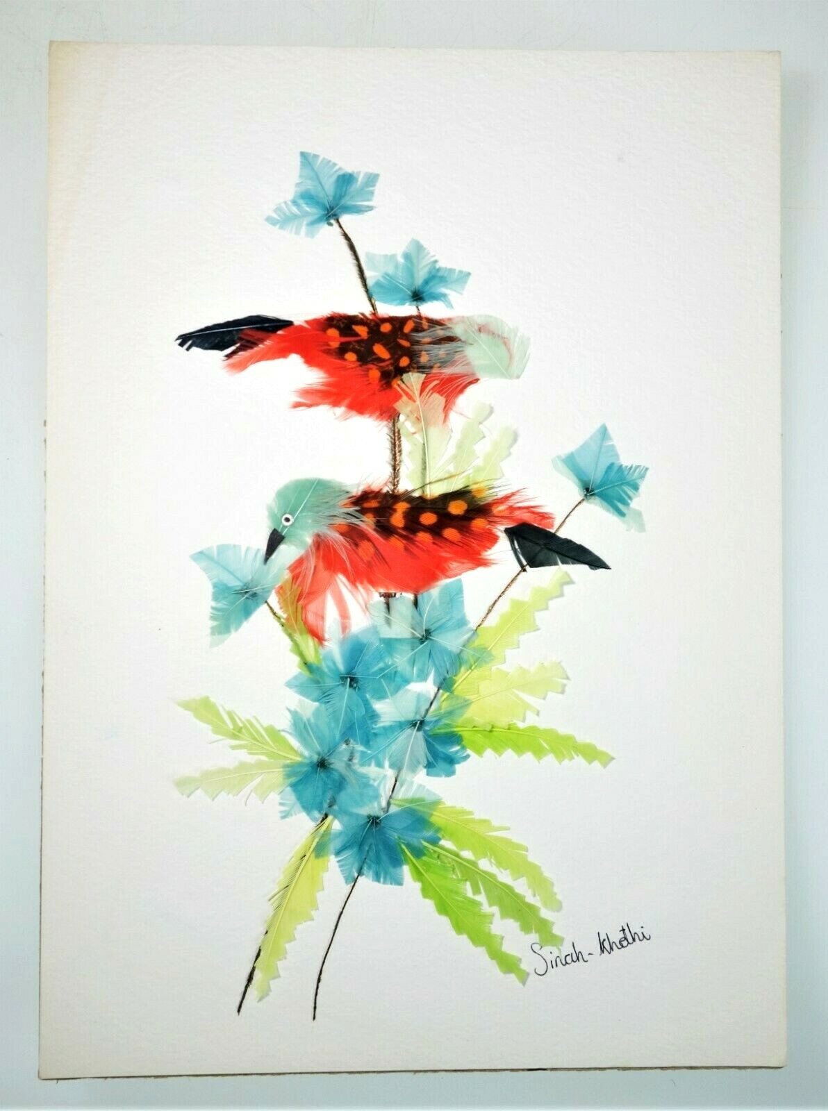 Feather Art Birds Unique Colorful Signed Handmade Vtg Picture