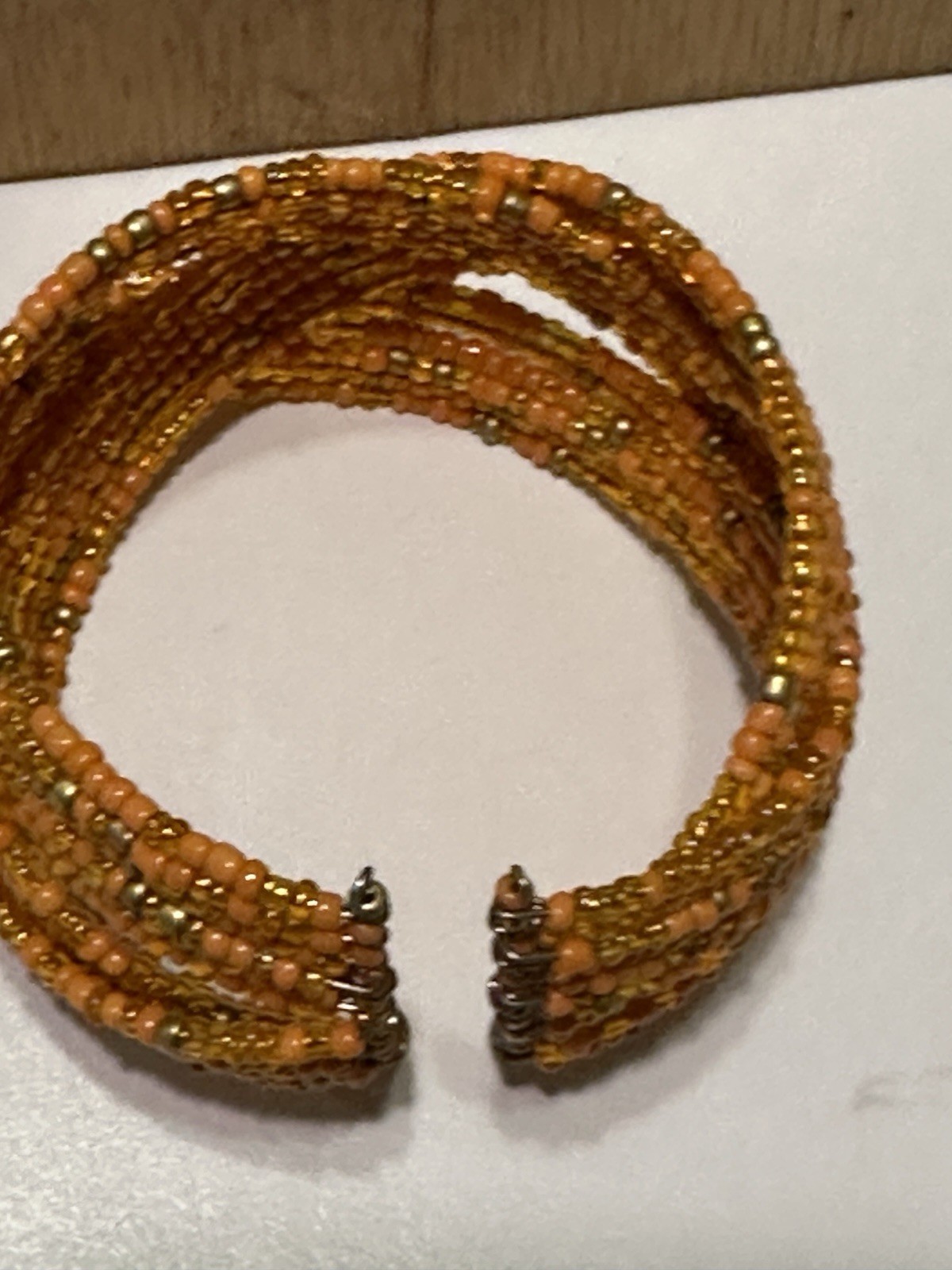 Beaded Braided Orange Gold ￼ memory wire Cuff Statement bracelet