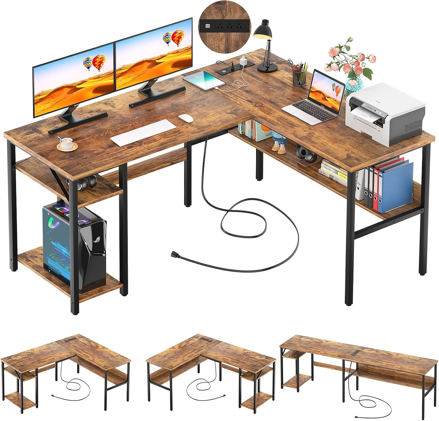 L Shaped Computer Desk with Magic Power Outlets and USB Charging Port, Sturdy Re