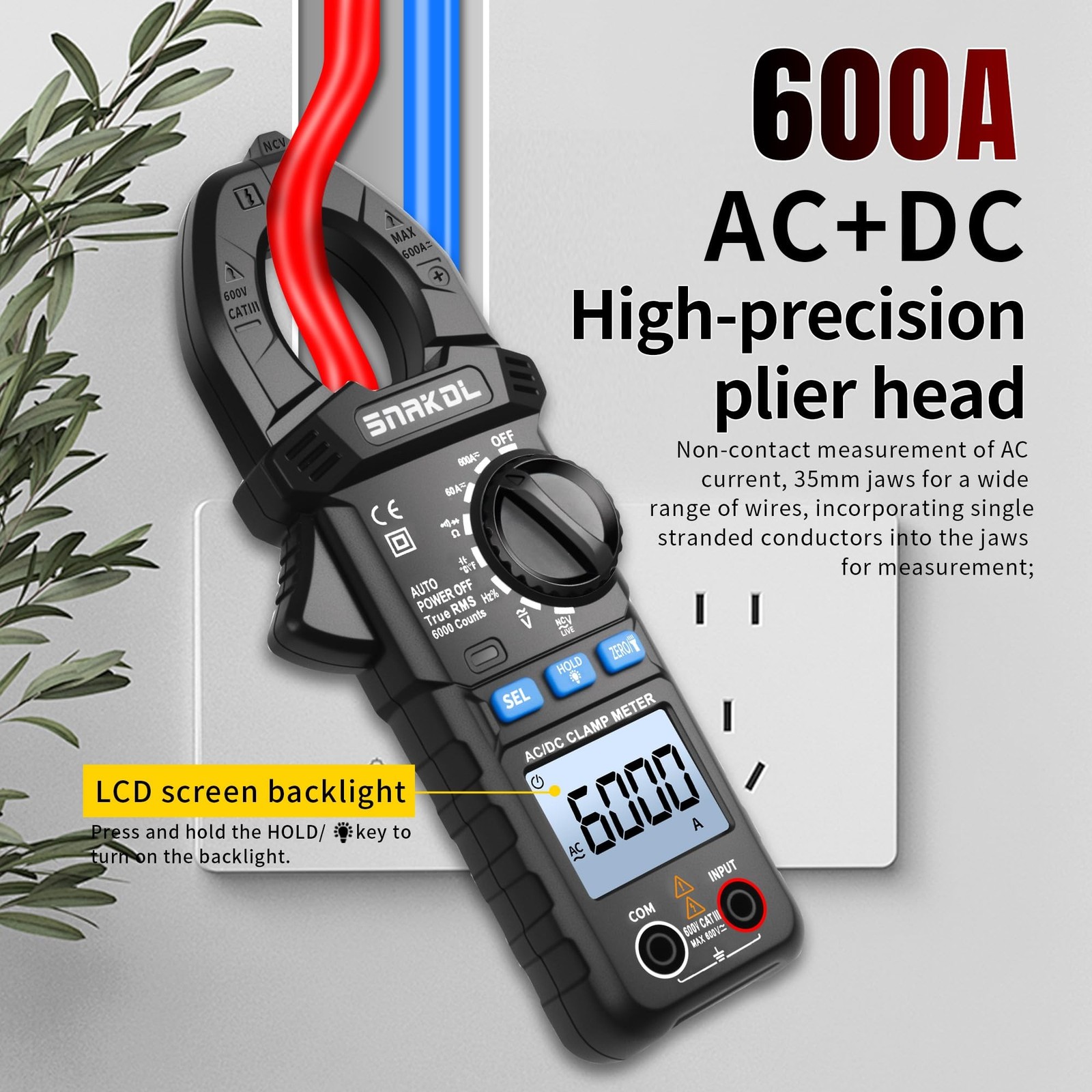 6000 Counts Digital Clamp Meter, 35mm Jaws NCV AC DC Current Voltage Tester |...