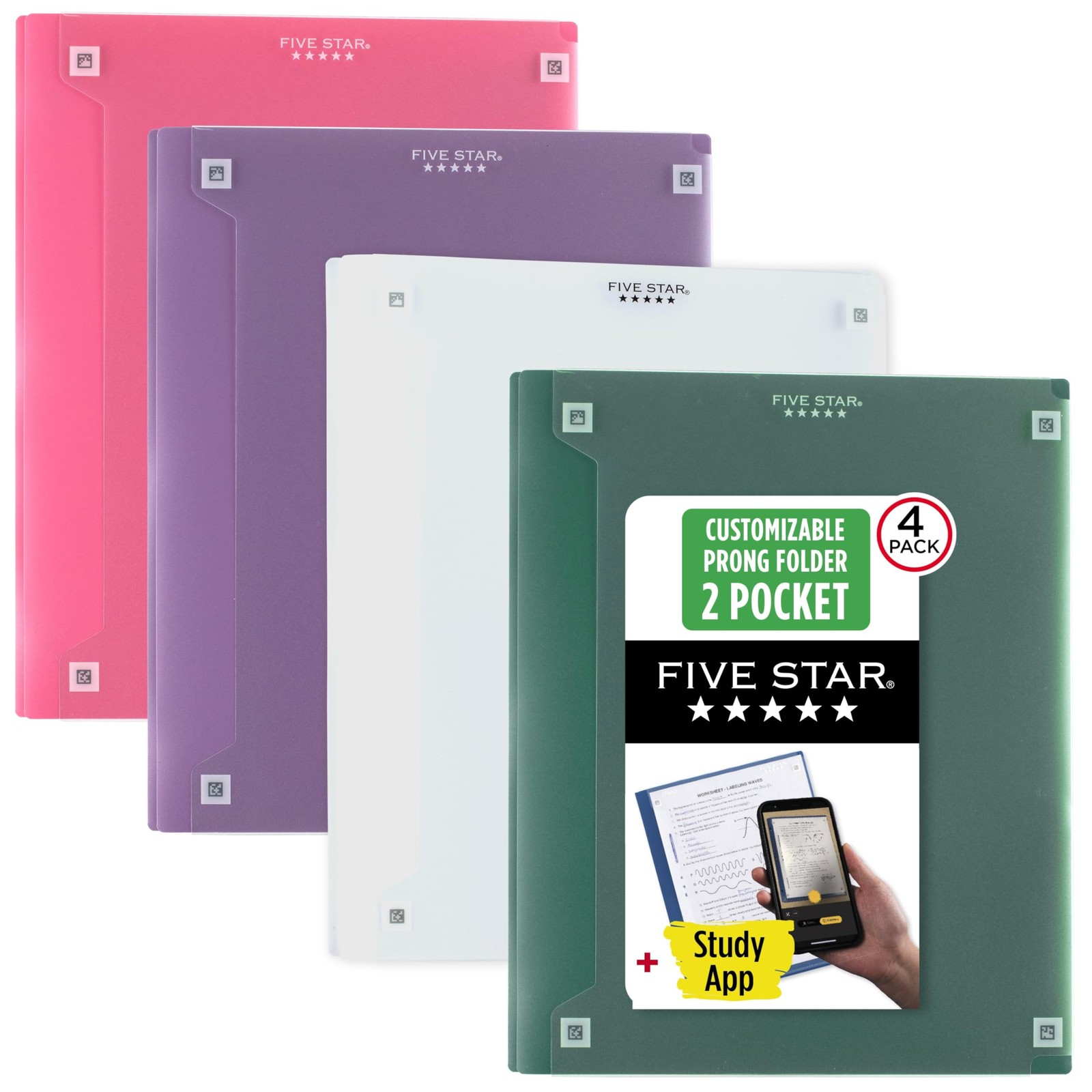 2-Pocket Folder + Study App, 4 Pack, Plastic Folder with Prong Fasteners and ...