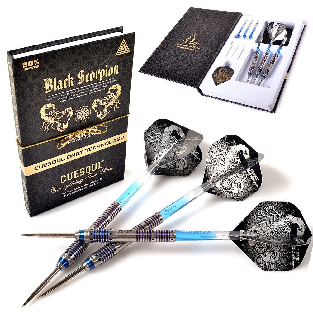 CUESOUL BLACK SCORPION 22g Tungsten Steel Tip Dart Set,Barrel with Blue Titanium