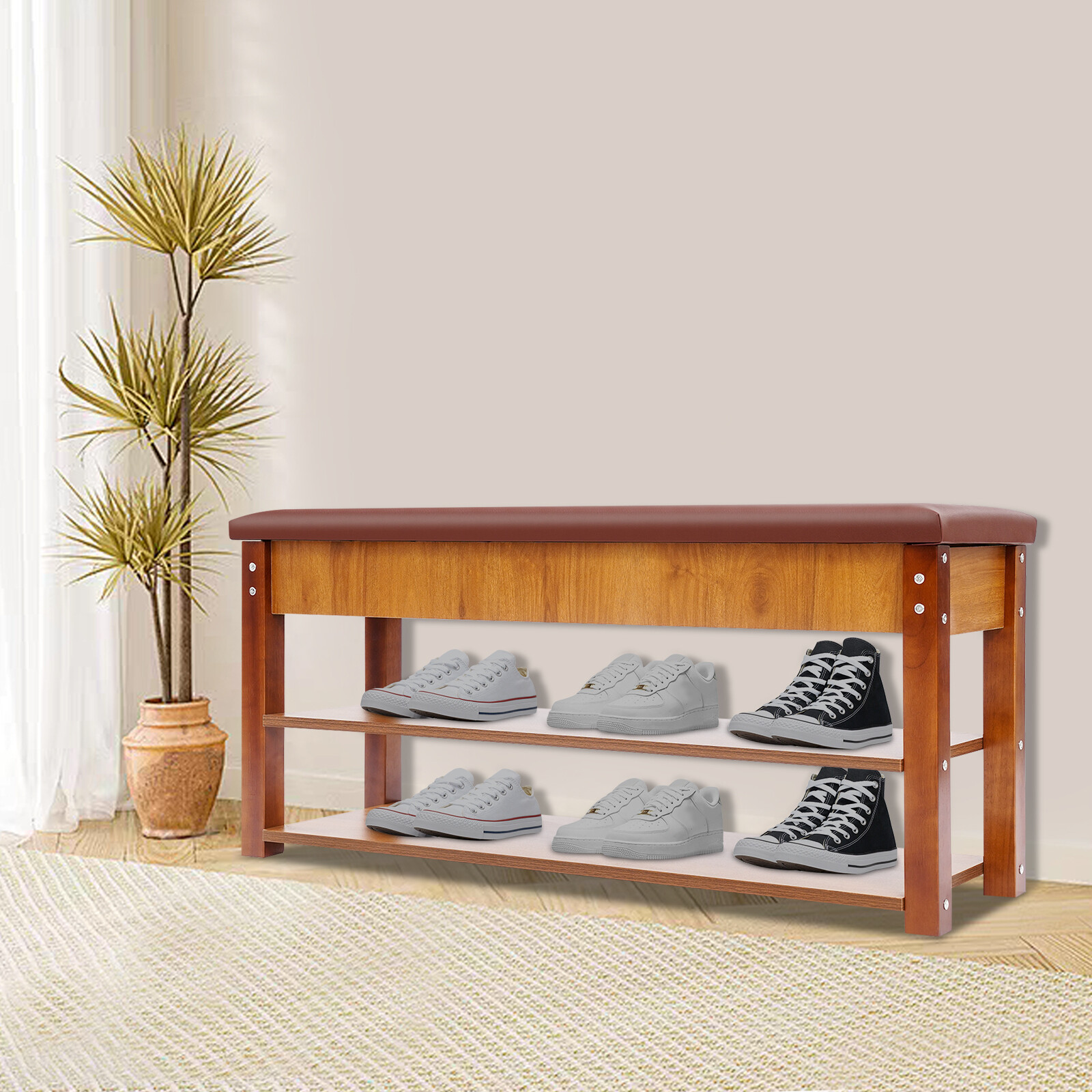 Shoe Rack Bench Pine WoodColor Shoe Storage Bench Shoe Organizer Bench Retro US