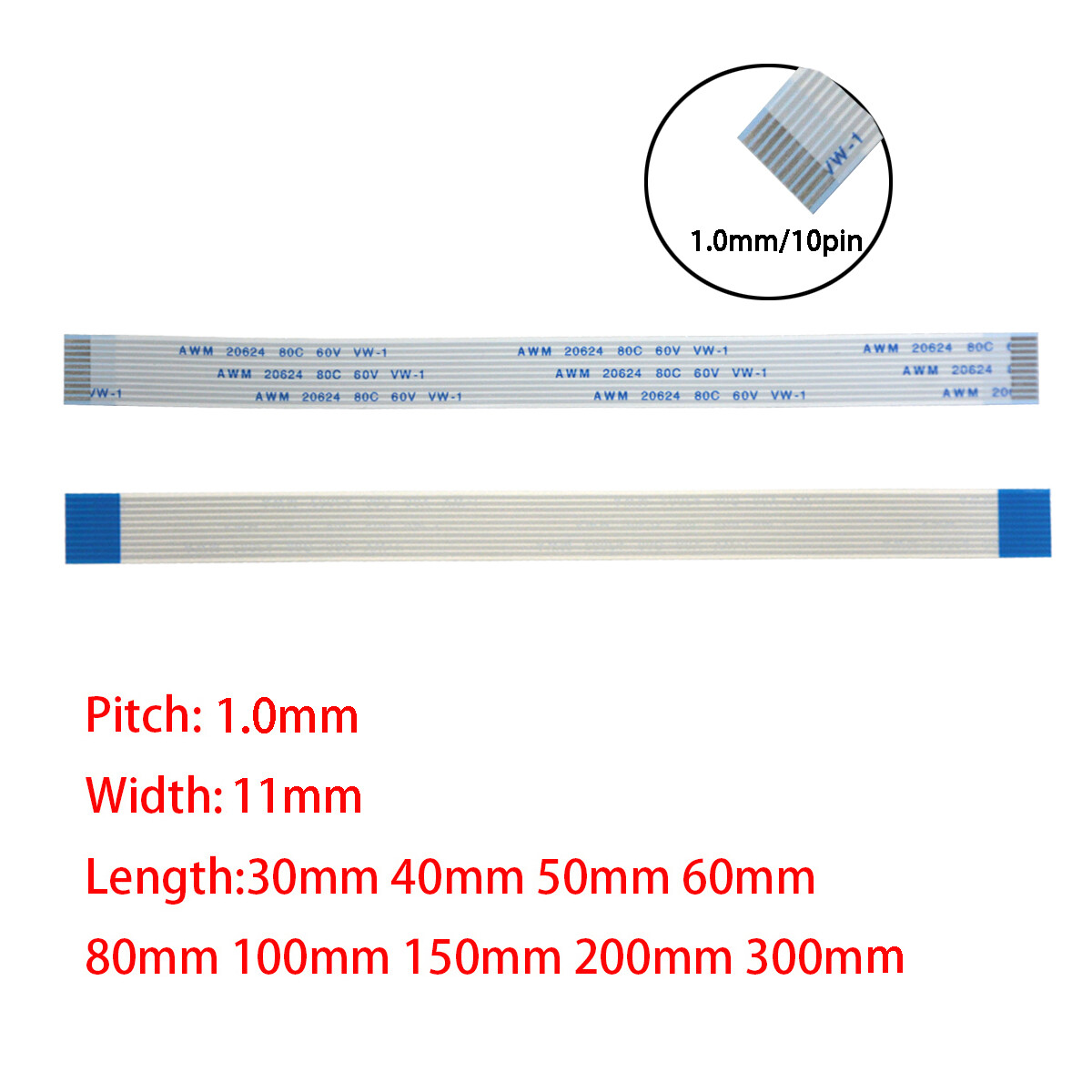 10Pin 1mm Pitch FFC FPC Flexible Flat Cable AWM VW-1 20624 80C 60V A B Type
