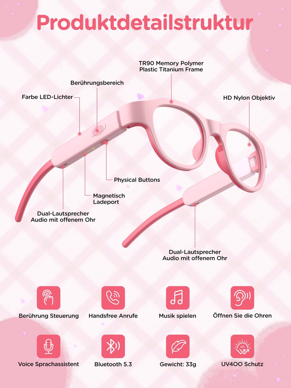 Blue Light Glasses with Bluetooth glasses, Open-Frame Directional Stereo Soun...