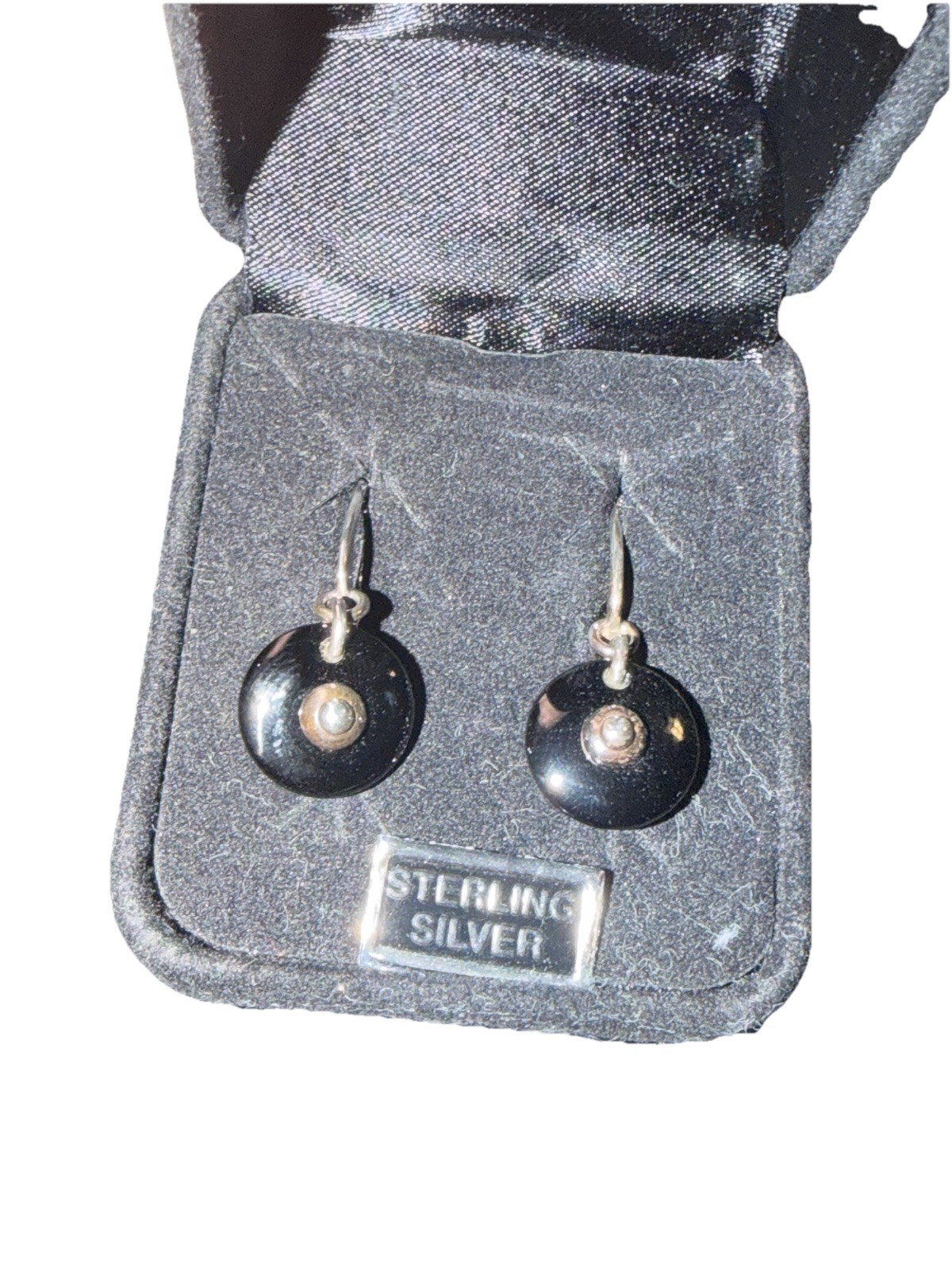 Vintage Sterling Silver 925 Black Onyx Round Dangle Drop Leverback Earrings