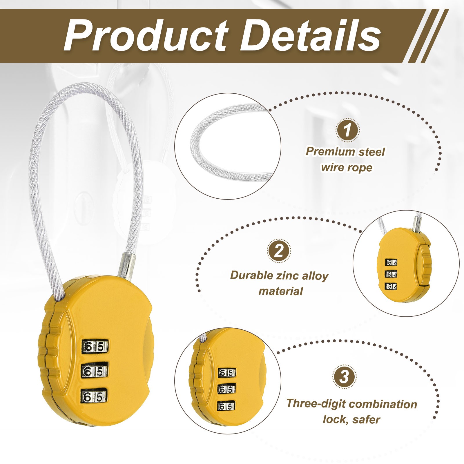 2-Pack Combination Padlock, 3 Digit Round Shaped Cable Luggage Lock [Yellow]