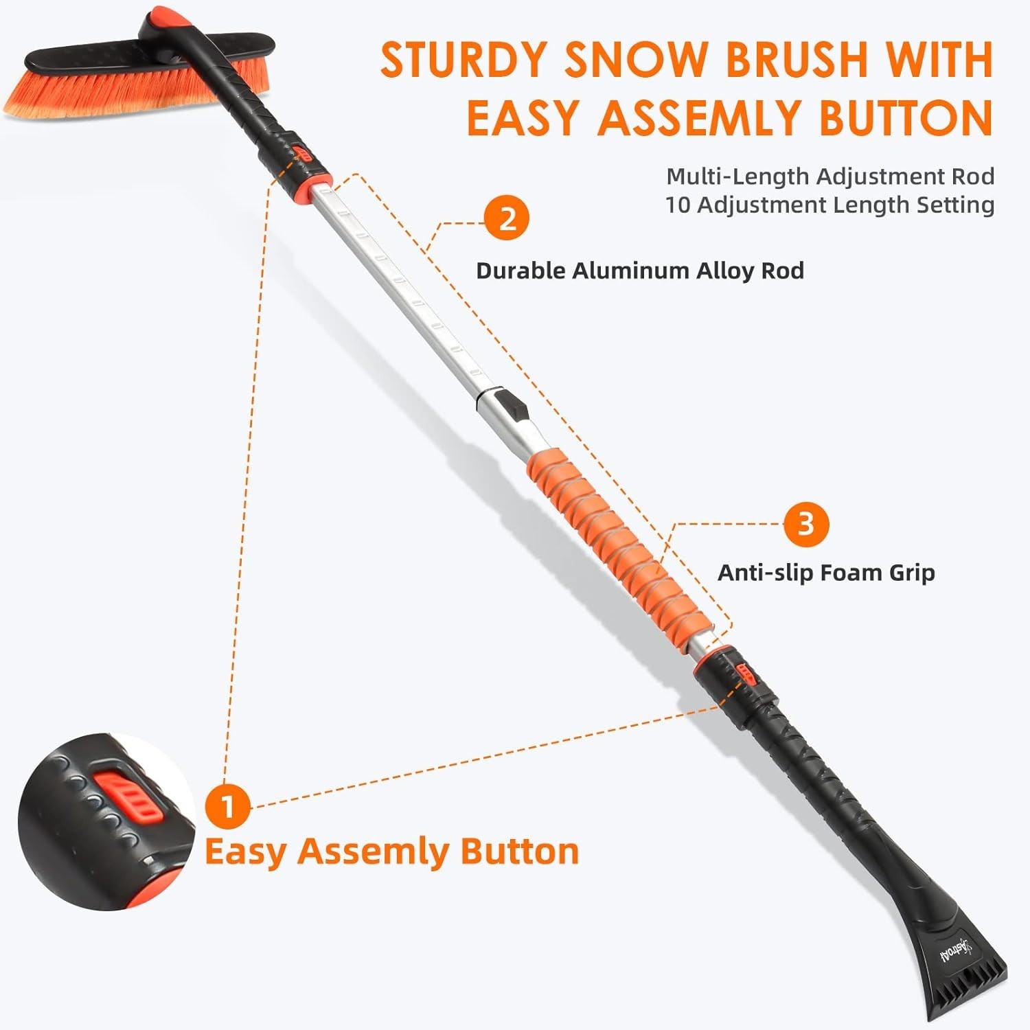 Thick-Bristled Snow Brush & Ice Scraper Combo - Ultimate Winter Tool (Orange)
