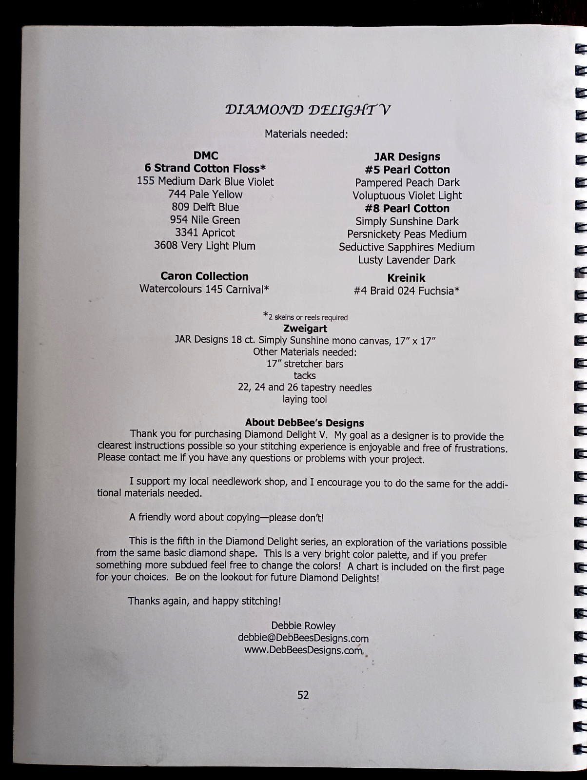 DebBee's Designs - Diamond Delight V - Needlepoint Counted Thread Chart Booklet