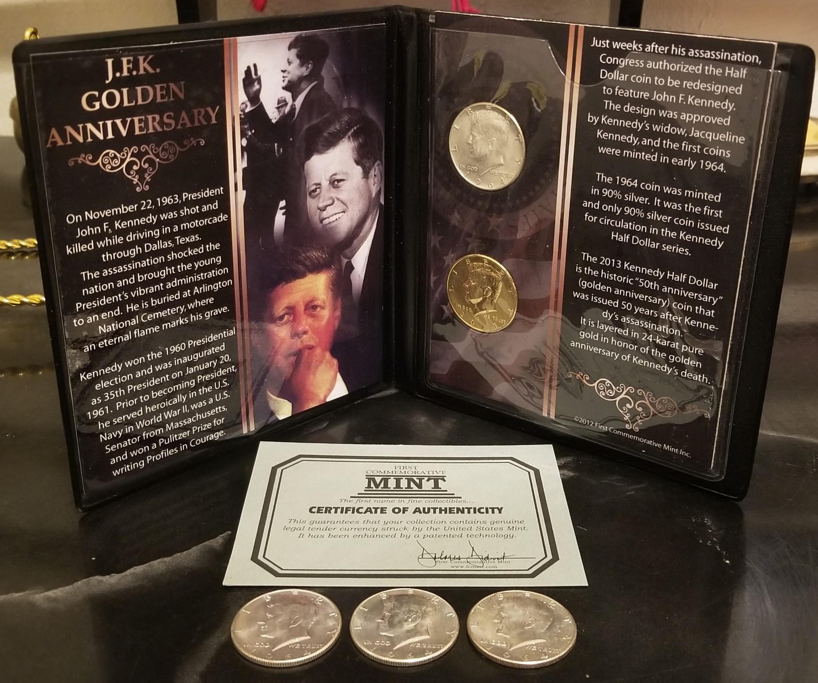 1964 & 2013 KENNEDY HALF $1 COMMEMORATIVE MINT SET & 3 - 1964 JFK SILVER COINS.