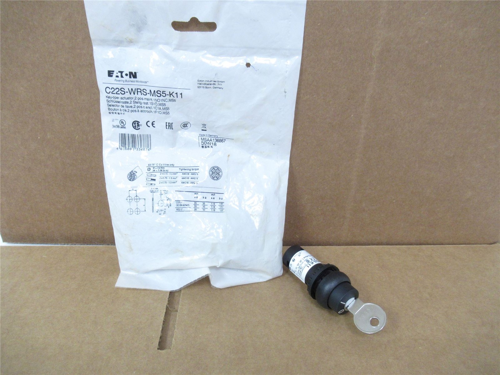 242503 New-No Box; Eaton C22S-WRS-MS5-K11 Key Switch Actuator 2 Position 5mm