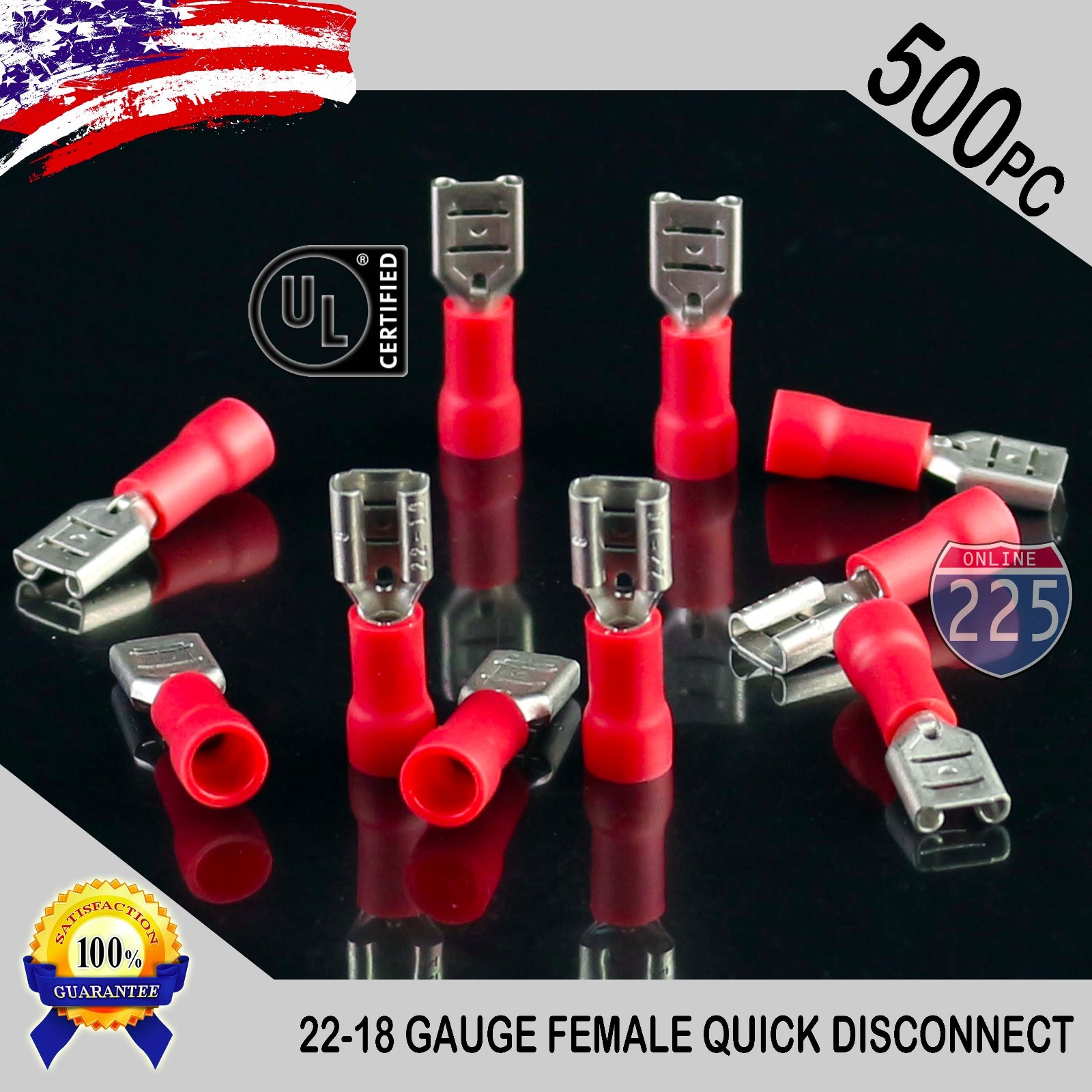 500 Pack 22-18 Gauge Female Quick Disconnect Red Vinyl Crimp Terminals .187" US