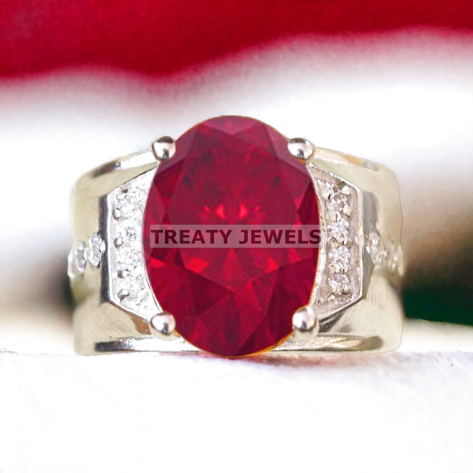 Ruby Oval Cut Gemstone With 14K Solid White Gold Ring For Men's #A520