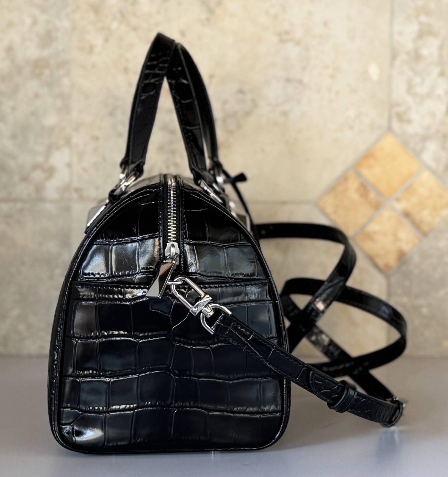 Michael Kors Grayson Medium Satchel Shoulder Exotic Embossed Leather Bag Black