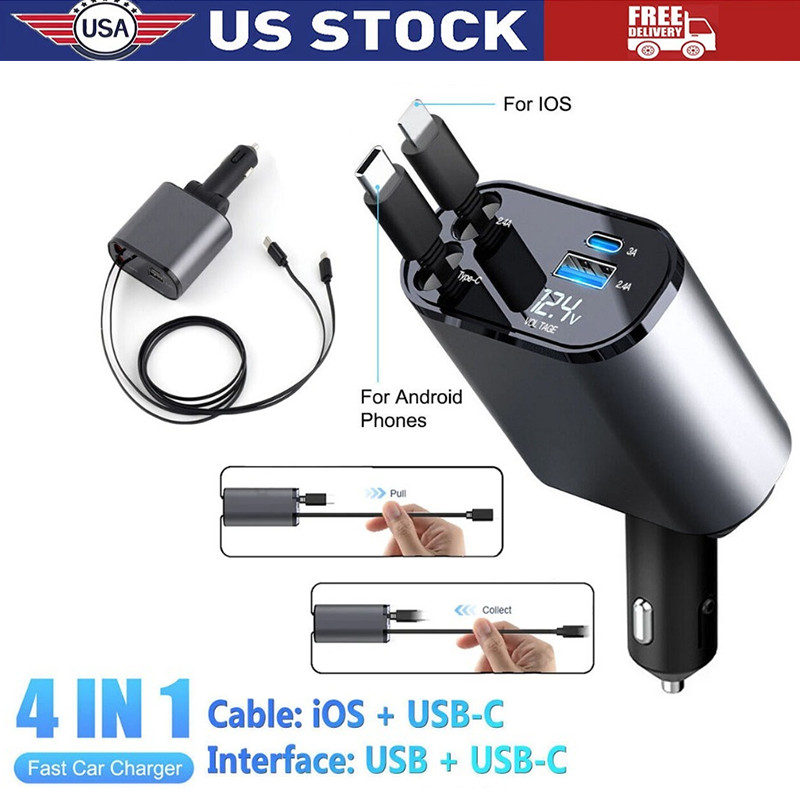 Retractable Car Charger 4in1 Fast Car Phone 16 Charger 120W USB Type C Cable lot