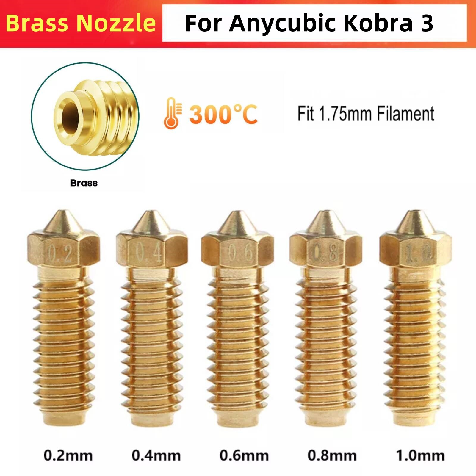 0.2mm-1.0mm Brass Nozzle For Anycubic Kobra 3 3D Printer Volcano Nozzle Set