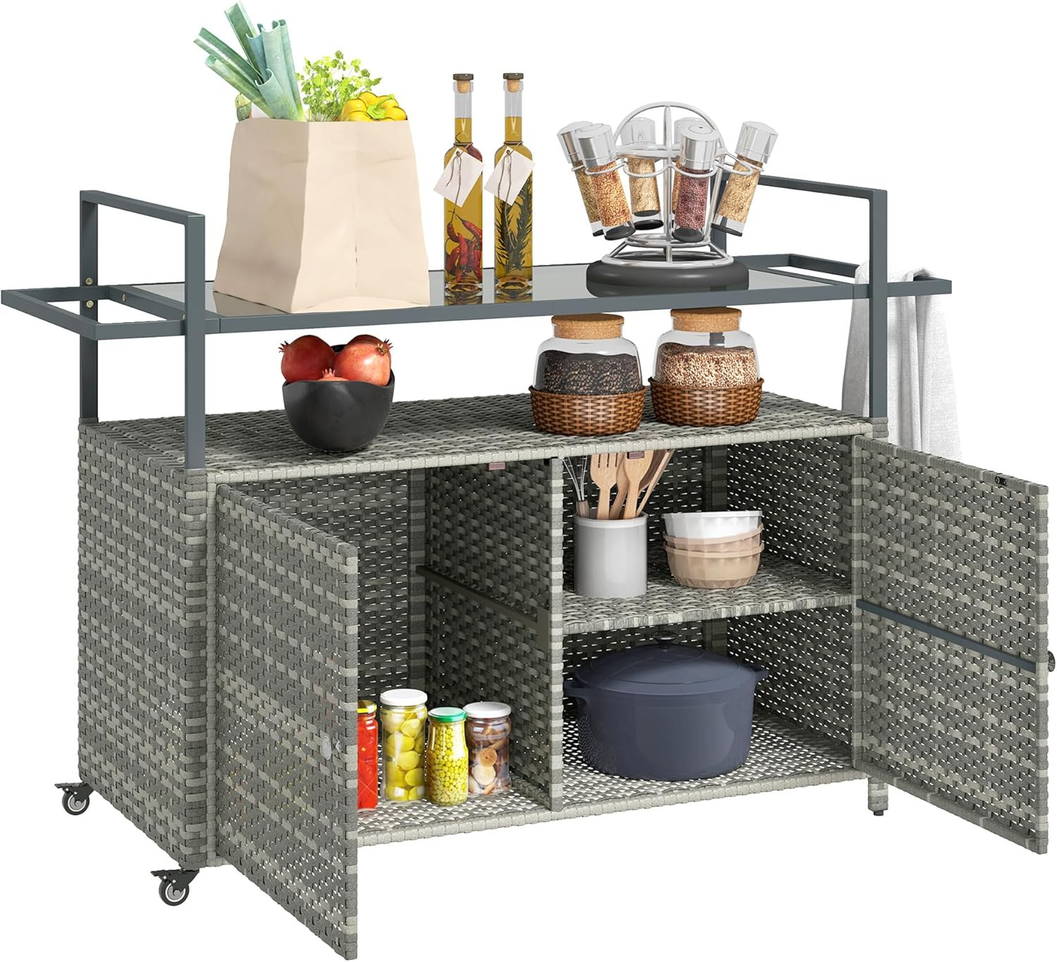 Outdoor Wicker Storage Cabinet with Wheels, Glass Top & Towel Racks - Gray