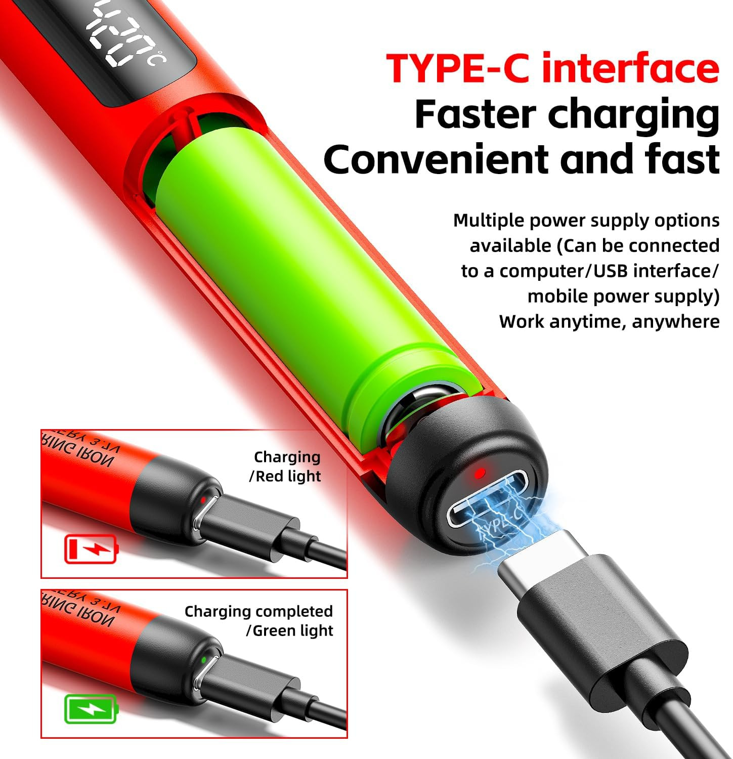 Cordless USB Rechargeable Portable Soldering Iron, Digital Adjustable Display Sc