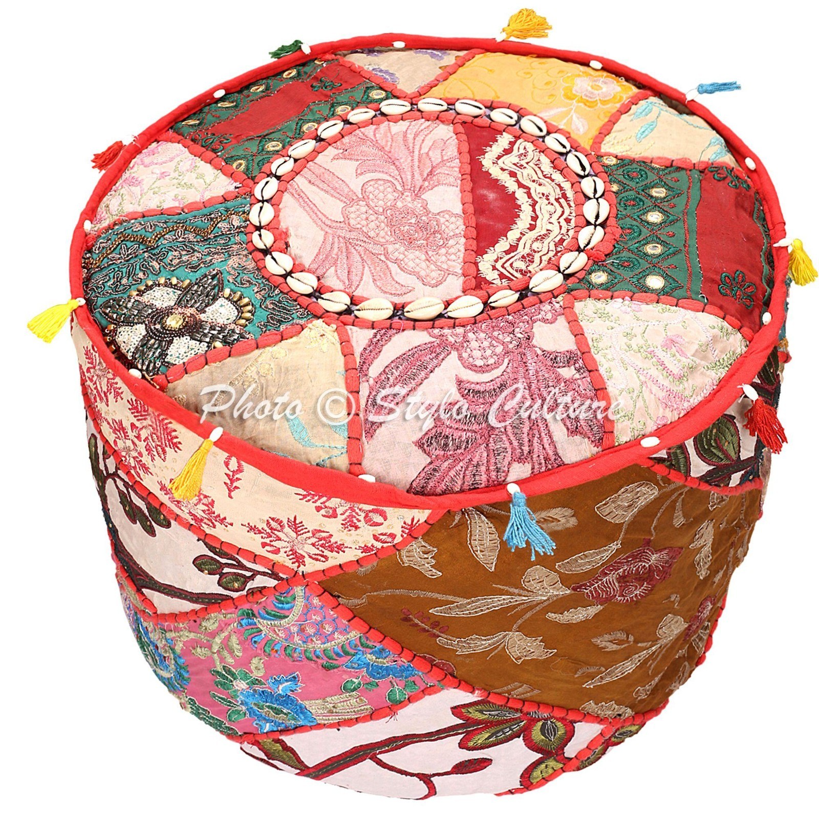 Ethnic Patchwork Vintage Embroidered Footstool 18 Inch Decorative Ottoman Seat