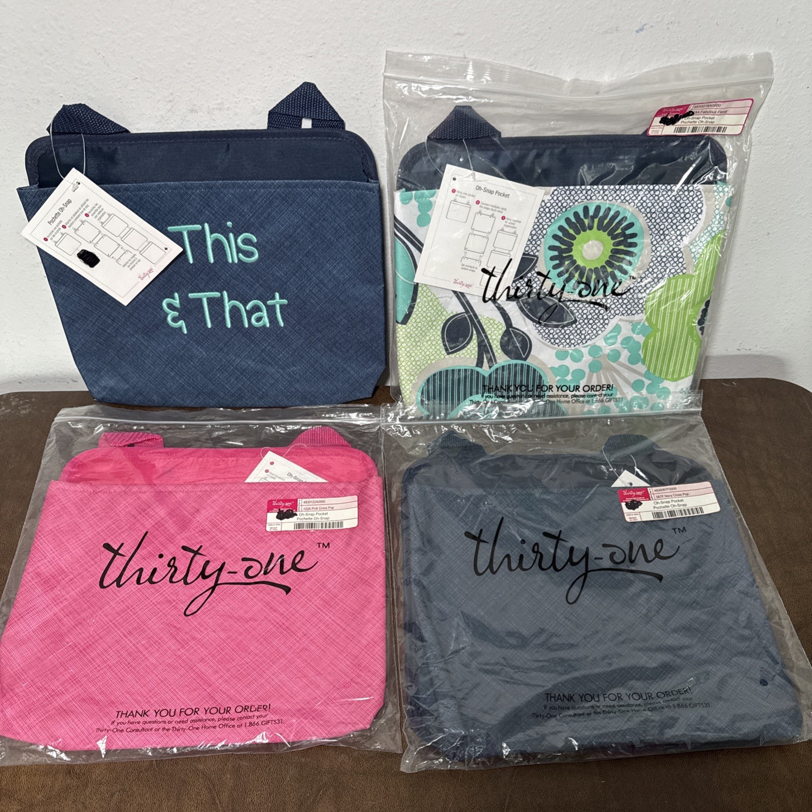 NEW Lot of 4 Thirty-One Oh Snap Pocket Navy & Pink Cross Pop, Fabulous Floral