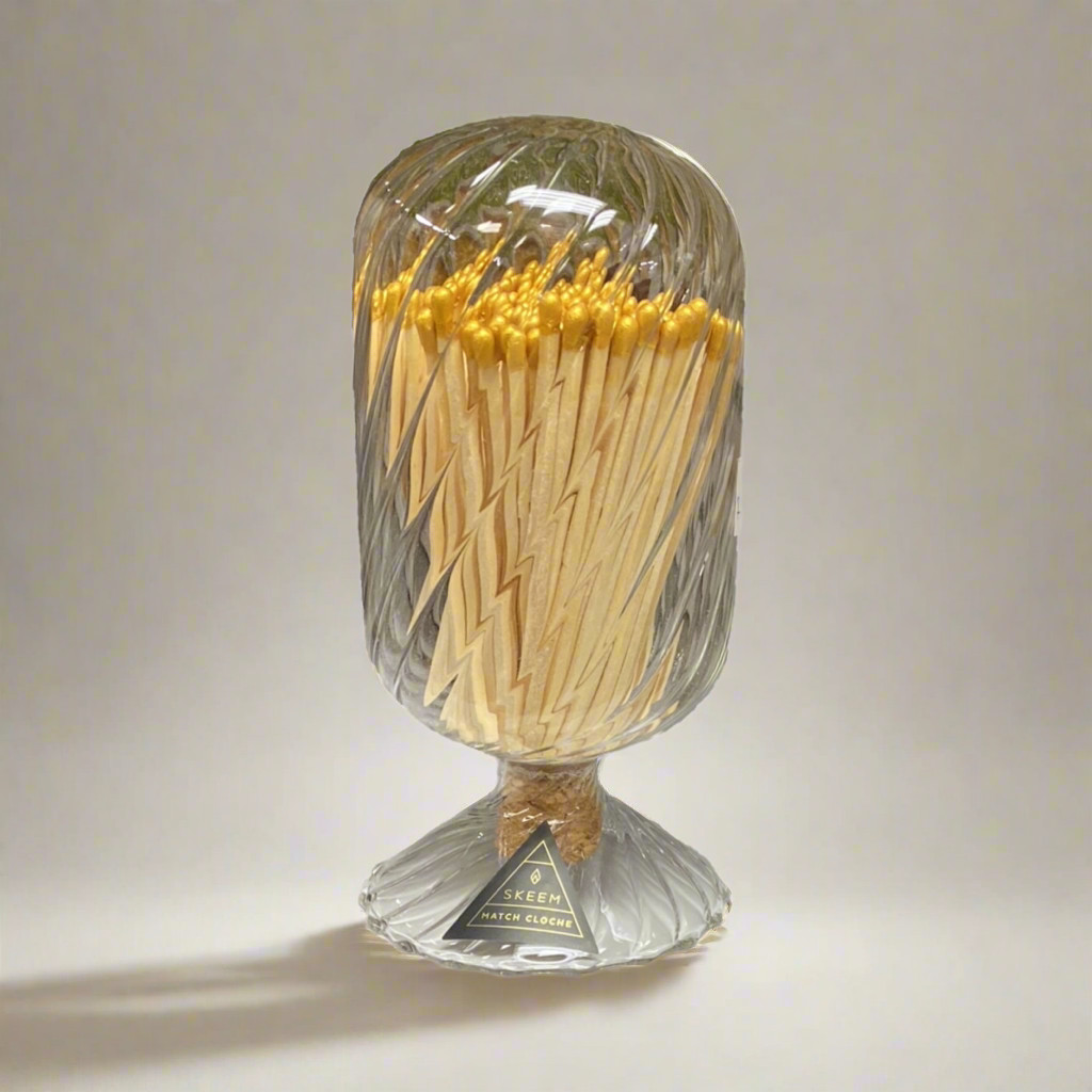 NEW Skeem Design Helix Match Cloche Bulb w/ 120 Matches -Ribbed Glass -Gold Tip