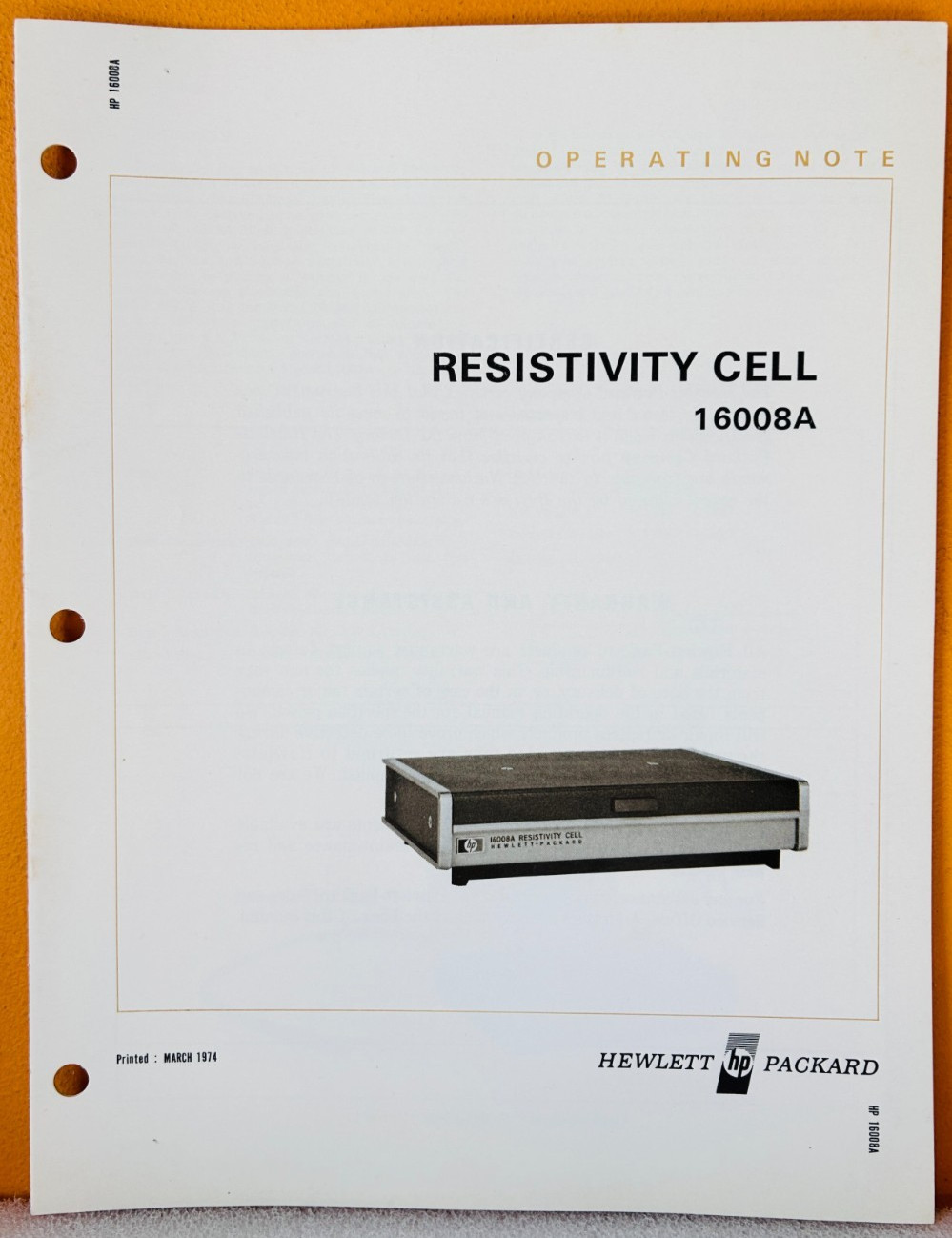 HP 16008-99000 1974 Model 16008A Resistivity Cell Operating Note Manual.