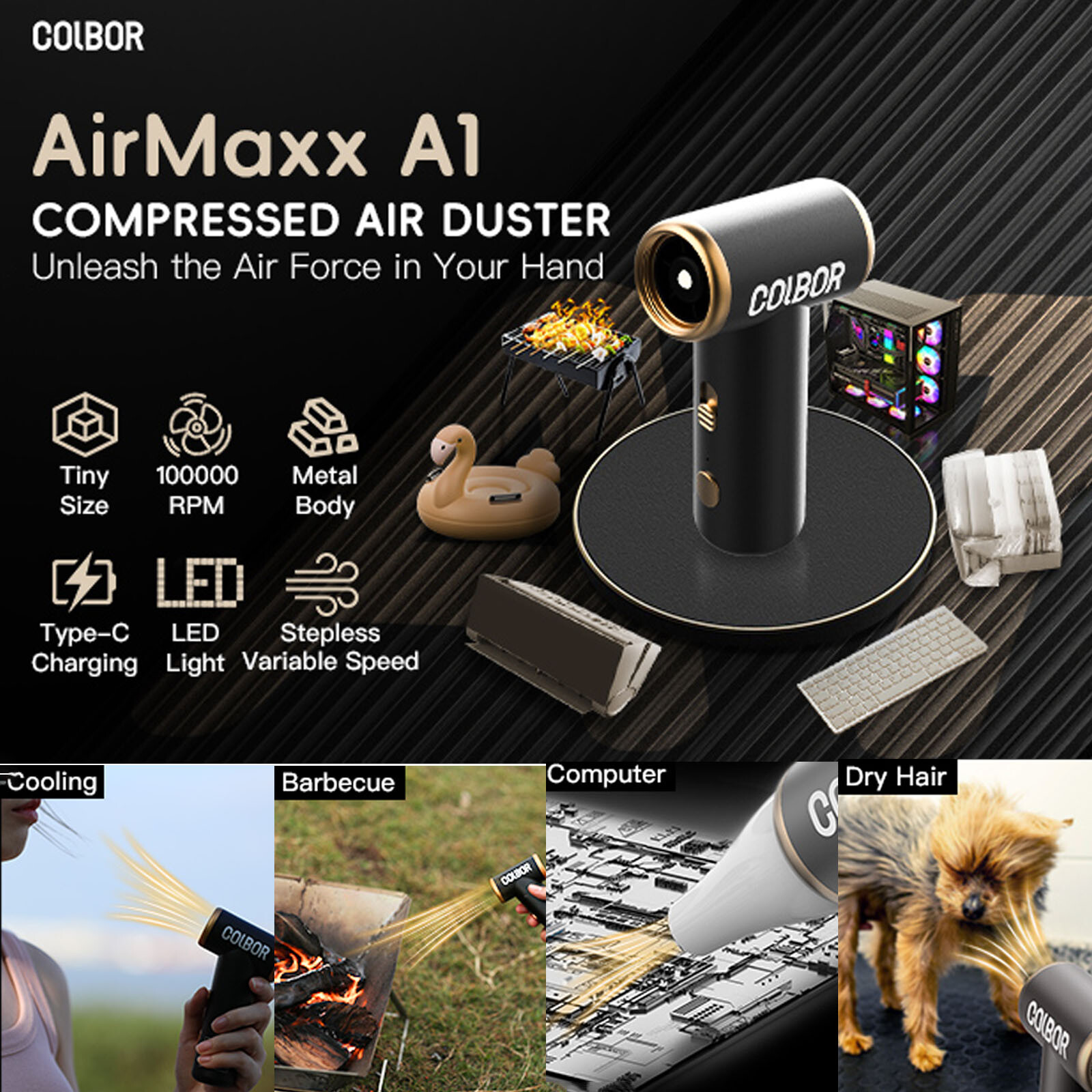Portable Compressed Air Duster COLBOR AirMaxx A1 Electric Air Blower 100000RPM
