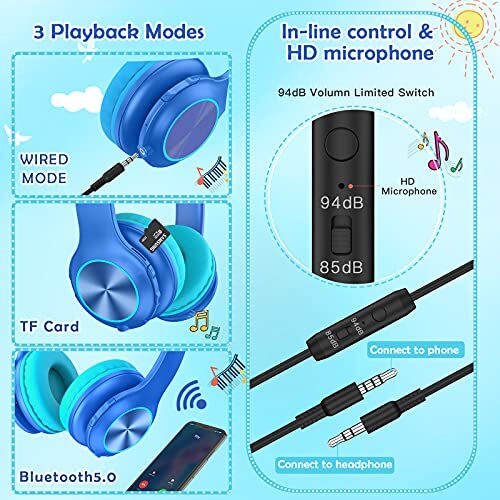 2021tooth Kids Headphones Fit for Aged 3-21, Colorful LED Lights Comfort Blue