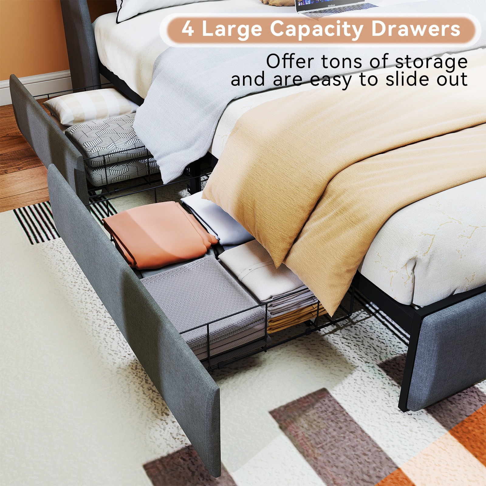 Full Size Bed Frame, Upholstered Platform Bed Frame with 4 Storage Drawers