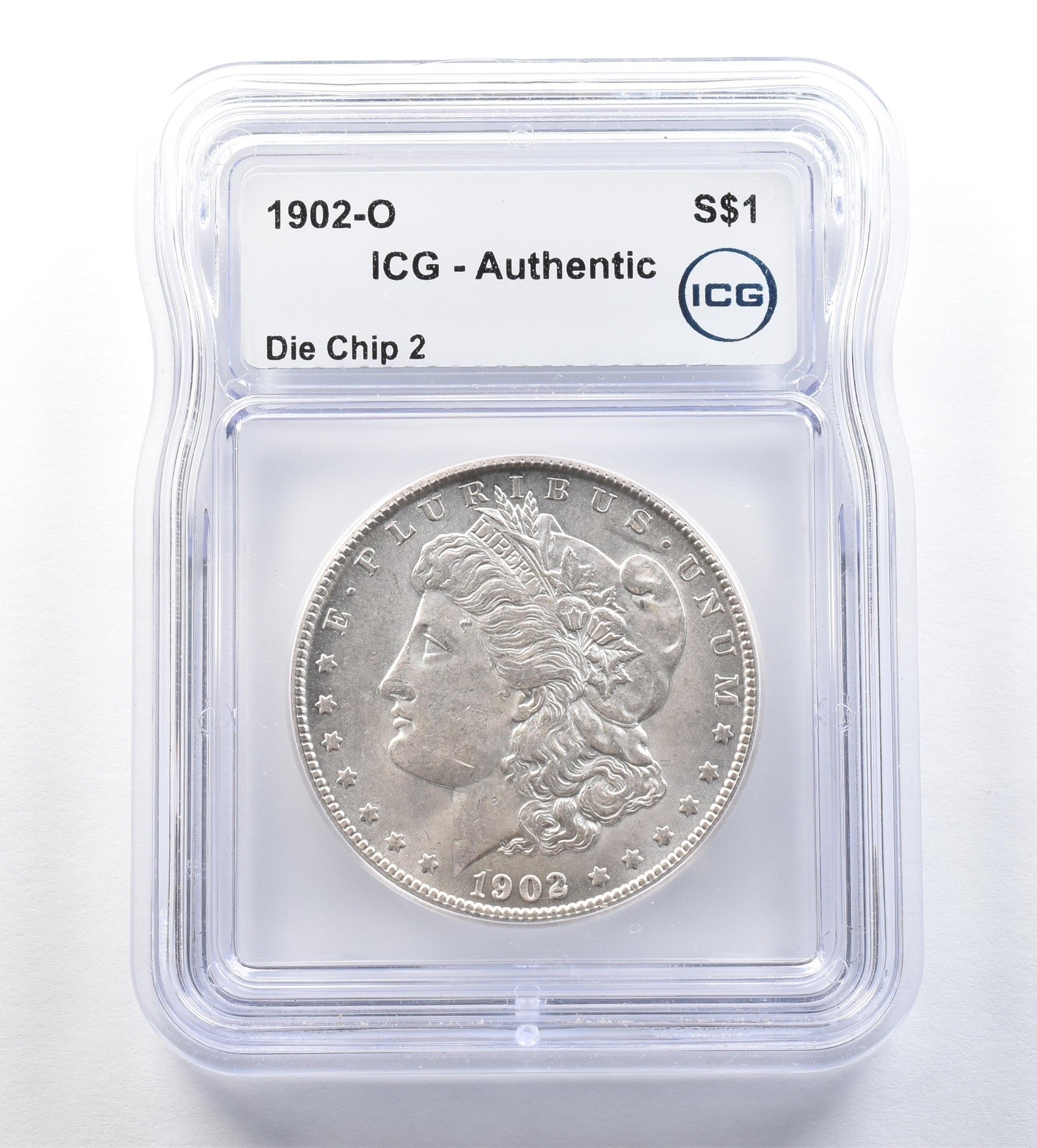 1902-O Morgan Silver Dollar Die Chip 2 Authentic ICG *0537