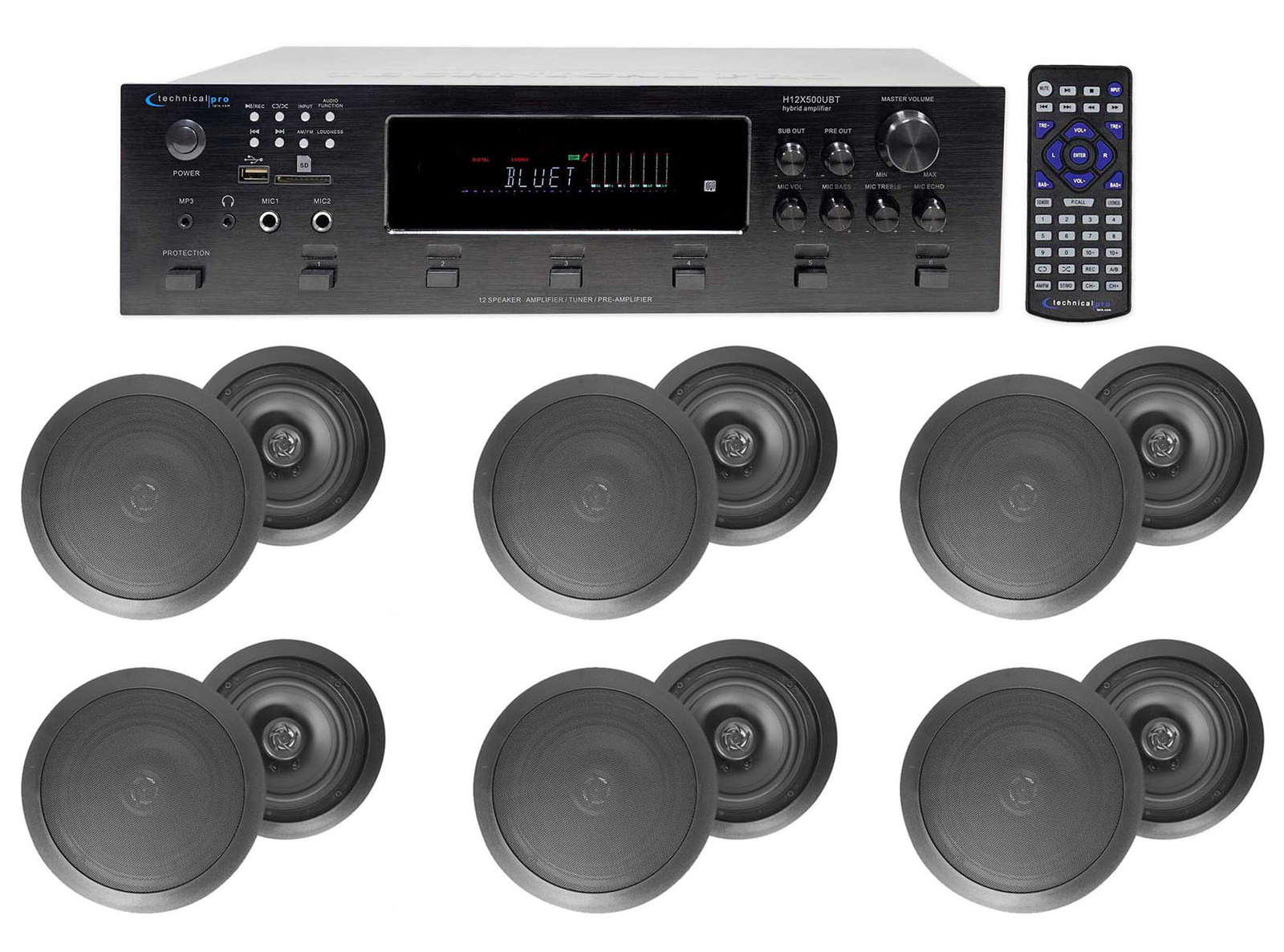 6000w (6) Zone Home Theater Bluetooth Receiver+(12) Black 8" Ceiling Speakers