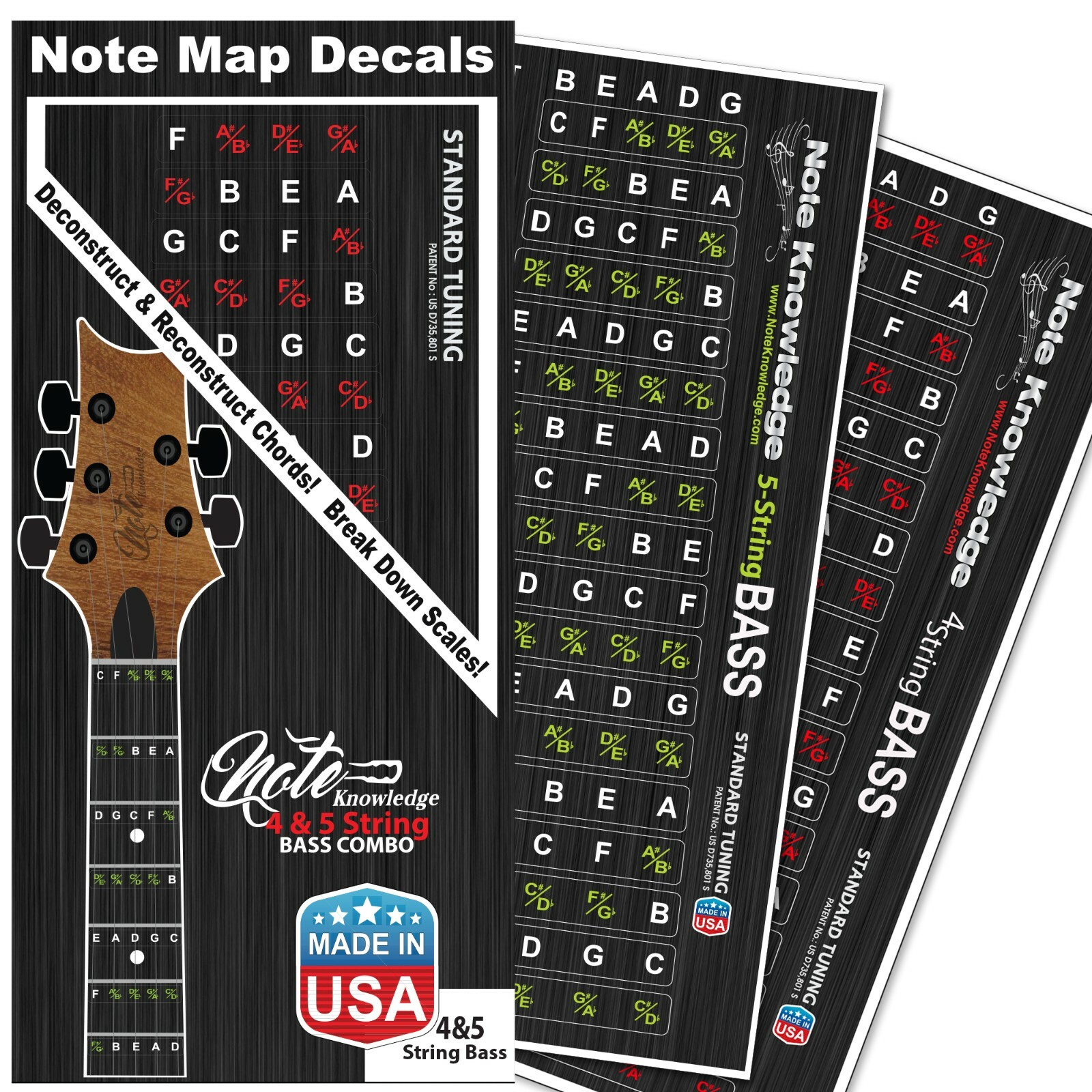4 and 5 String Bass Guitar Fretboard Note Map Decals/Stickers COMBO-PACK