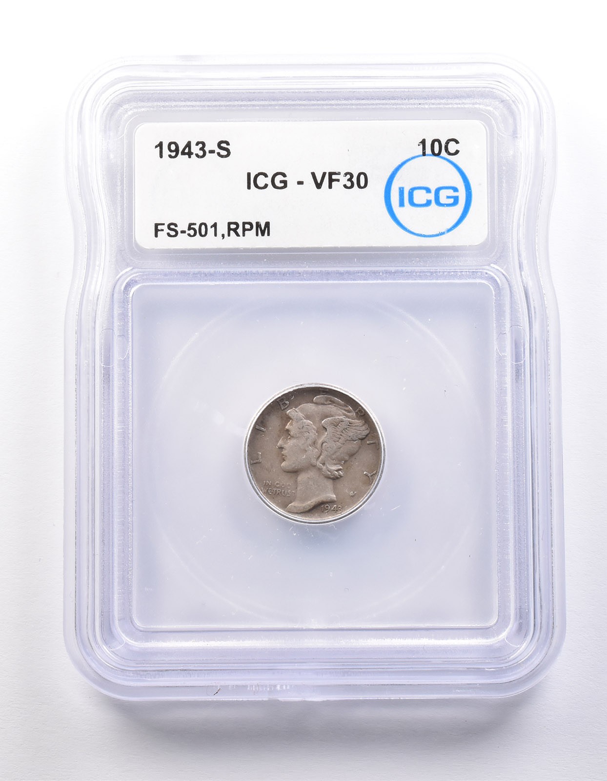 1943-S Mercury Dime FS-501 RPM VF30 ICG *9839
