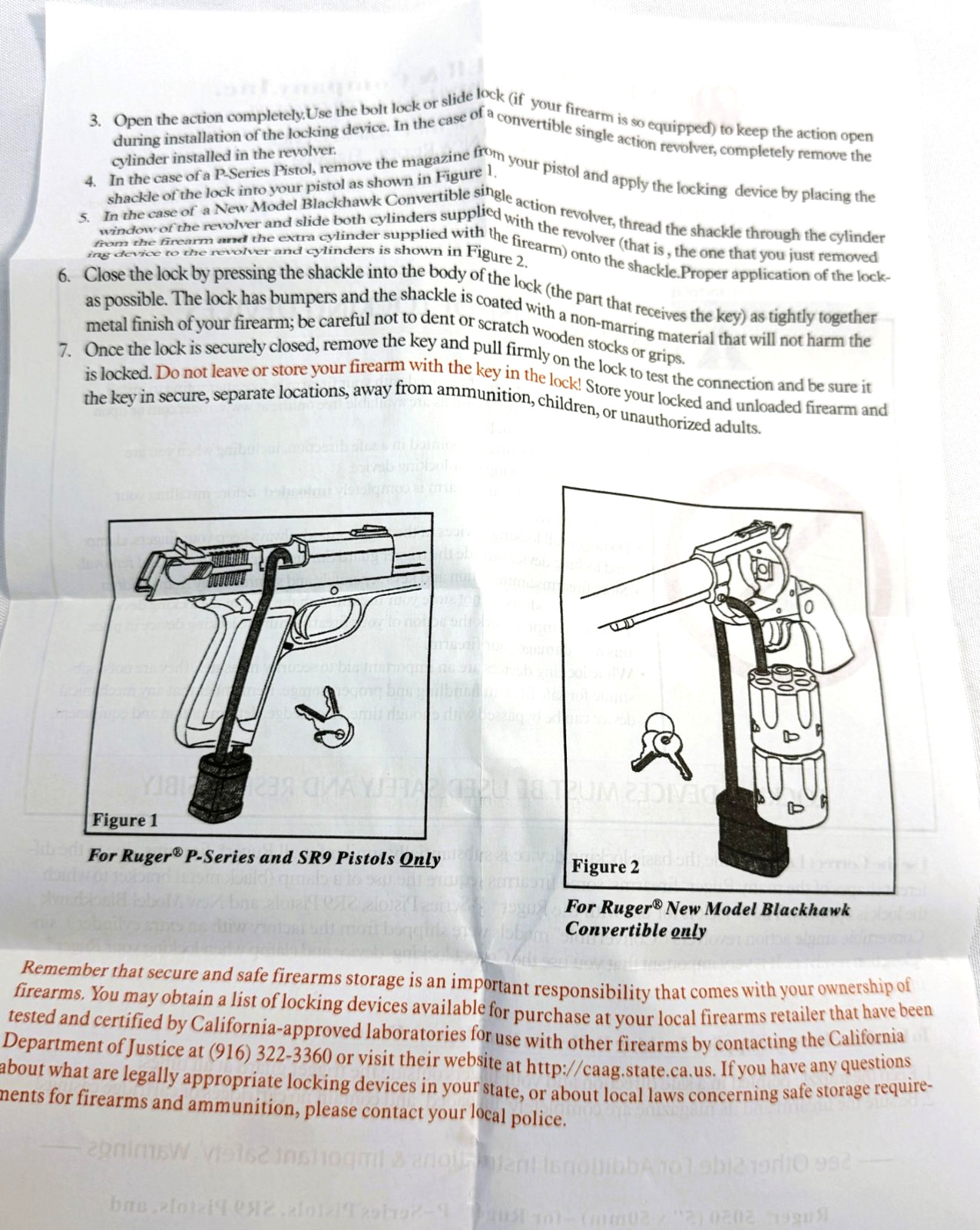 Ruger 5050 Key-Operated Firearm Lock with Instructions & 2 Keys