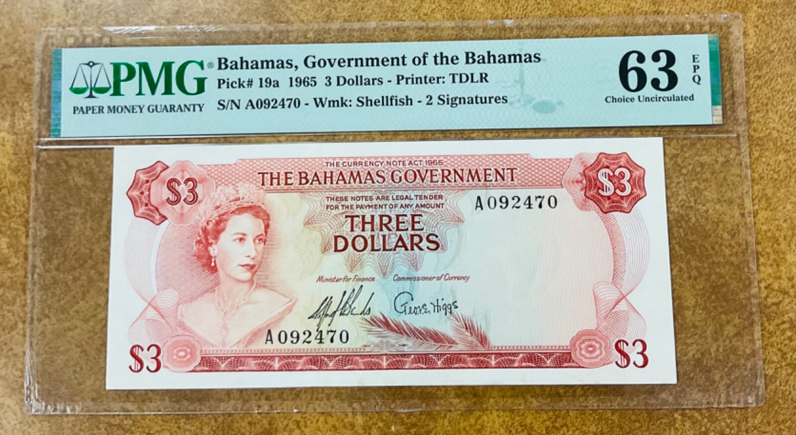 $3 Bahamas  Monetary Authority P19a 1965  Banknote PMG 63 EPQ Queen Elizabeth